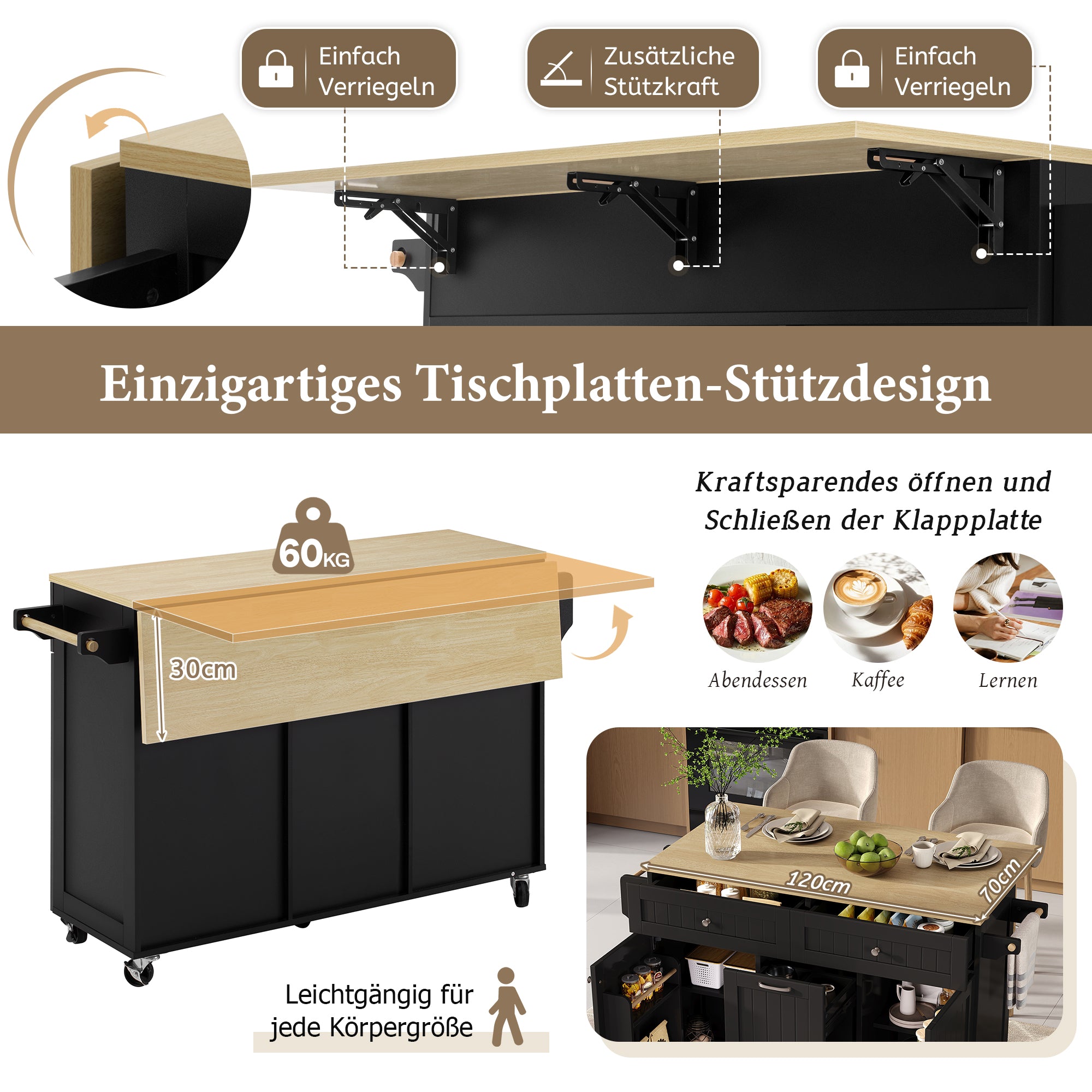 Kitchen Island, Extendable Mobile with Multifunctional Drawers, Black
