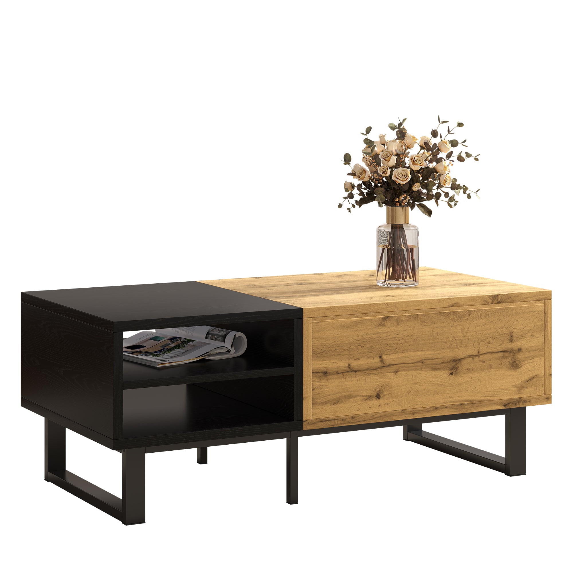 Coffee Table with Color Block, Compartments, Drawers, Metal Legs