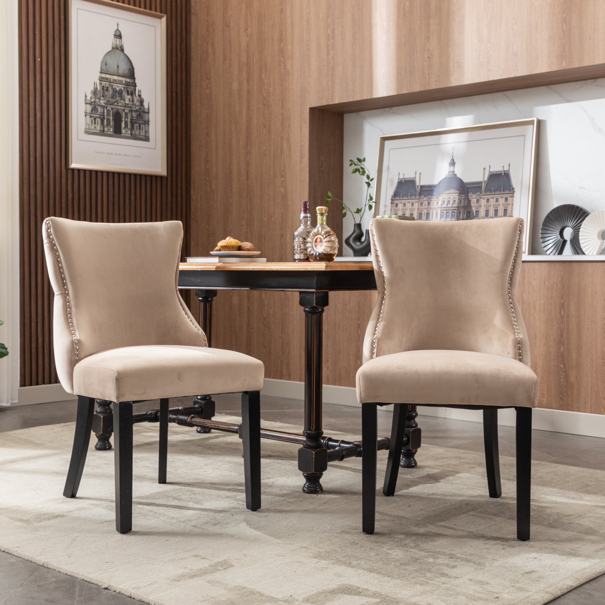 Dining Chair Set of 2 Button Tufting Solid Wood Frame Beige Velvet