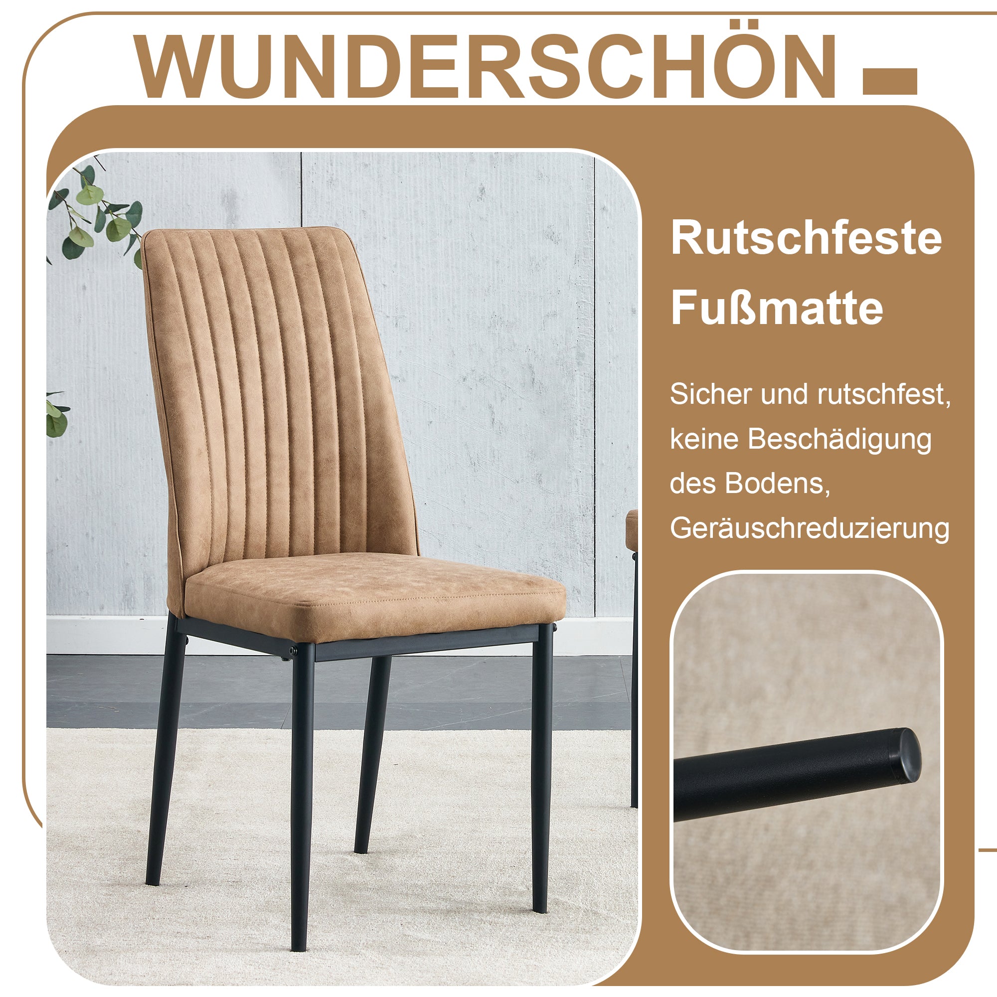 Dining Table Set, Minimalist 85cm Glass Table & 4 Chairs, Brown Tech Fabric