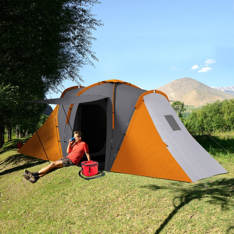 Large Camping Tent Tunnel Tent, 2 Bedroom Living Area, 4-6 Man, Waterproof, Orange