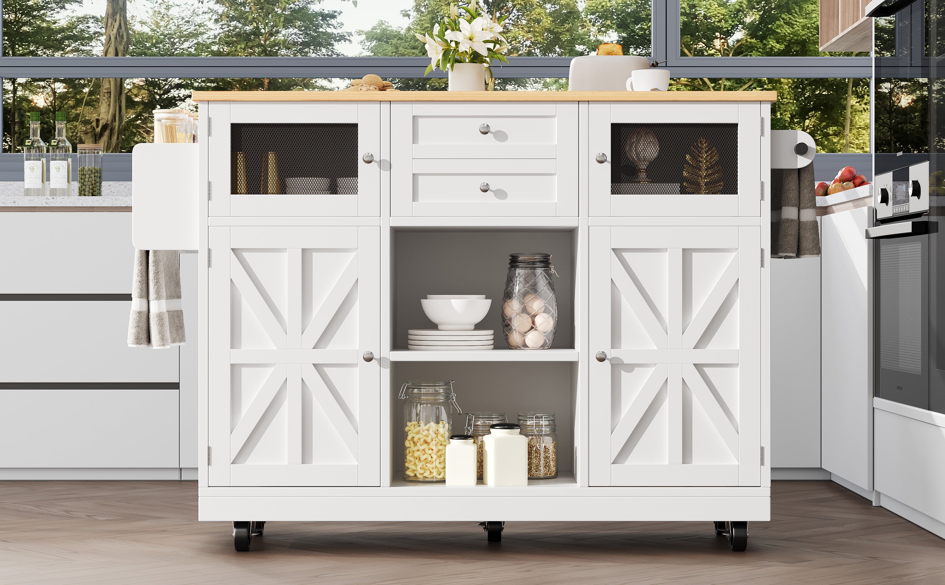 Kitchen Island Dining Trolley Sideboard Worktop Casters Adjustable Storage White