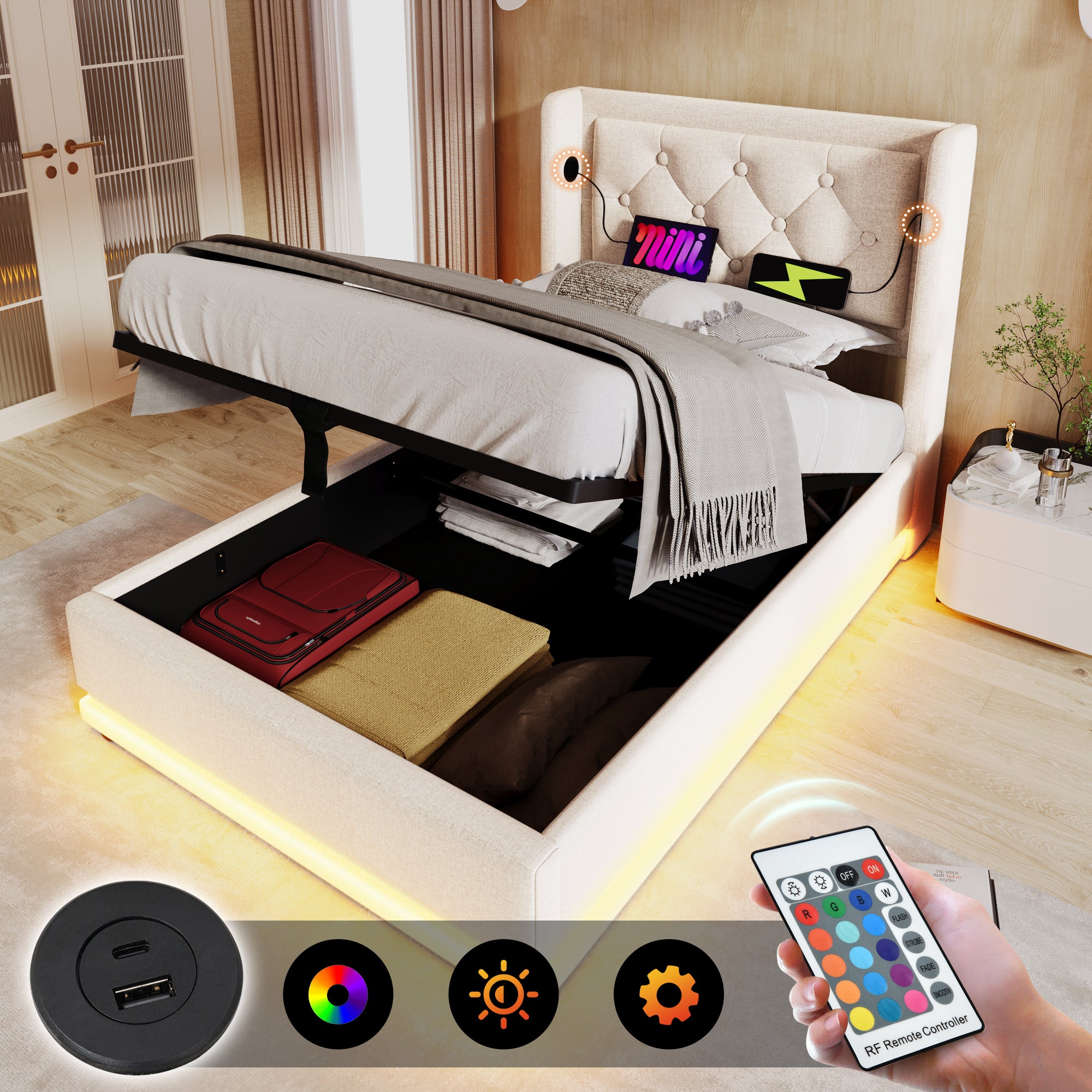 Upholstered Single Bed, 90x200cm Hydraulic Storage with USB & LED, Beige Cotton