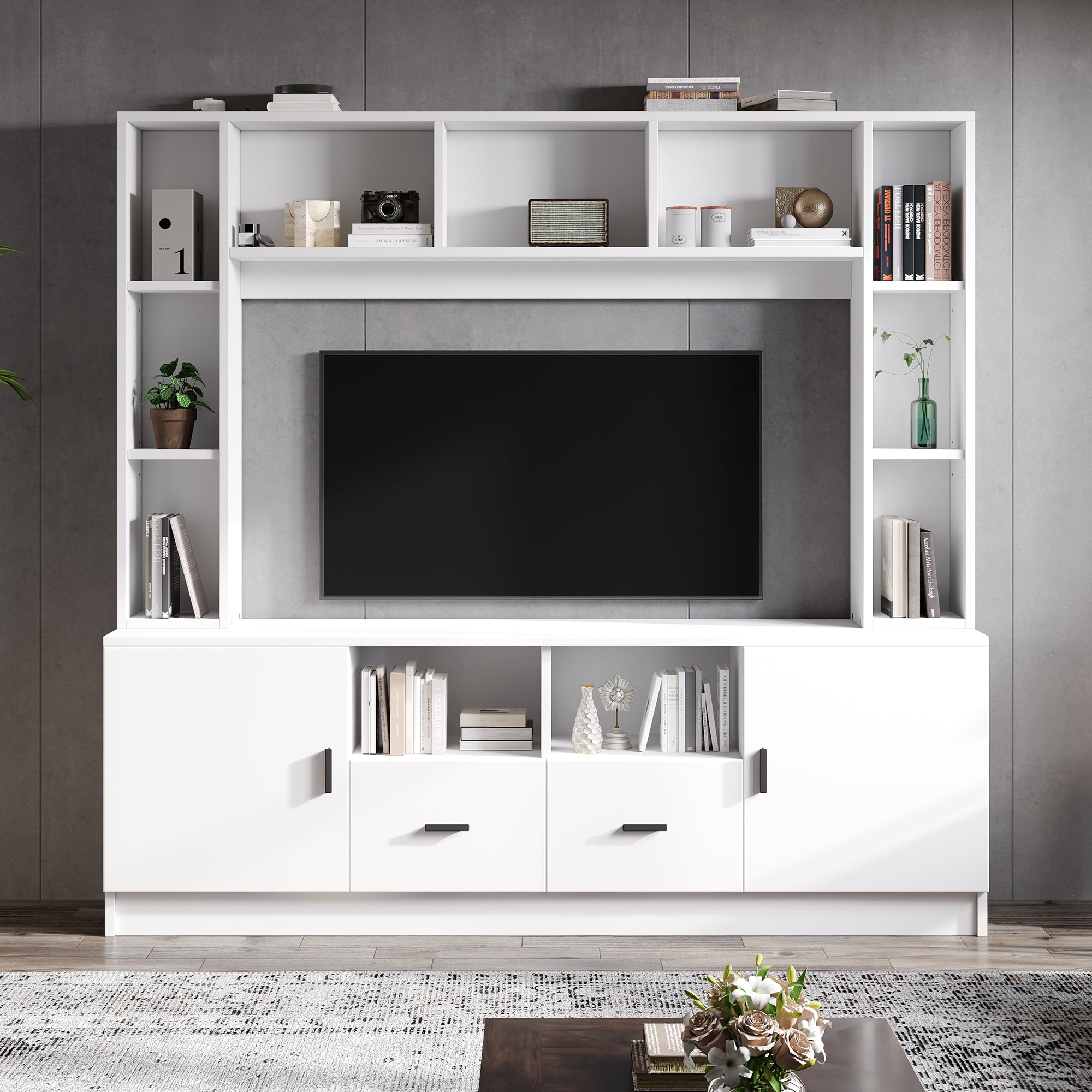 TV Wall Unit Set with Display Cabinet, Media Stand, Shelf, 2 Cabinets, 2 Drawers, for up to 60" TV, White