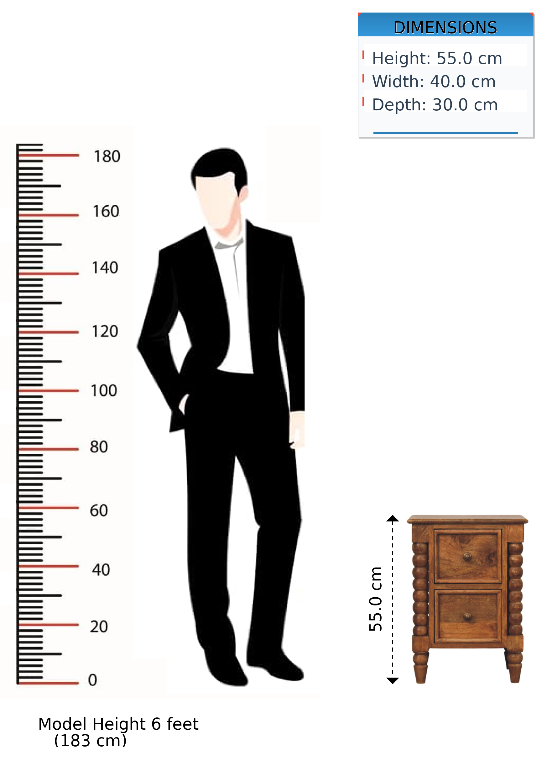 Solid Wood Barley Twist 2-Drawer Bedside, Brown