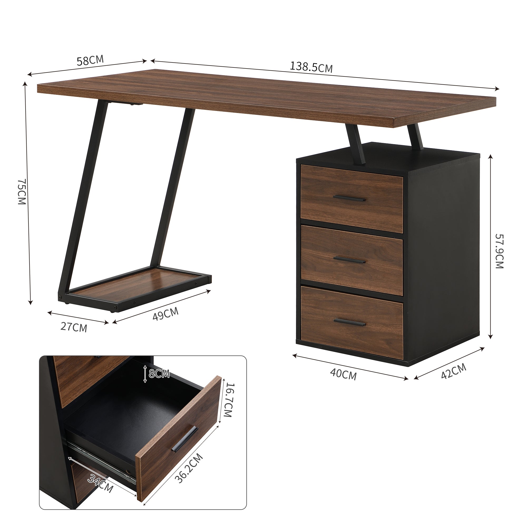 Industrial Desk 138.5cm 3 Drawers