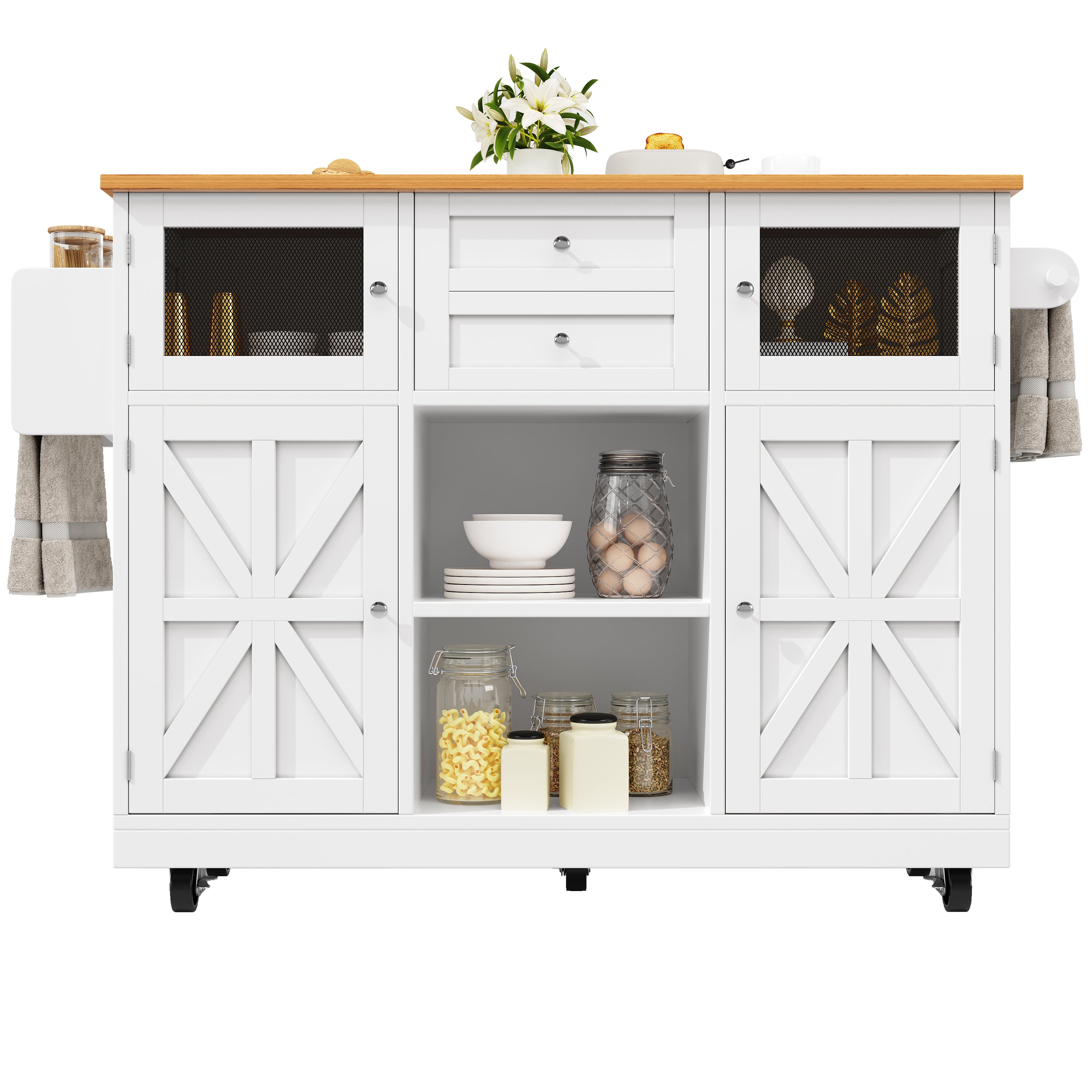 Kitchen Island Dining Trolley Sideboard Worktop Casters Adjustable Storage White