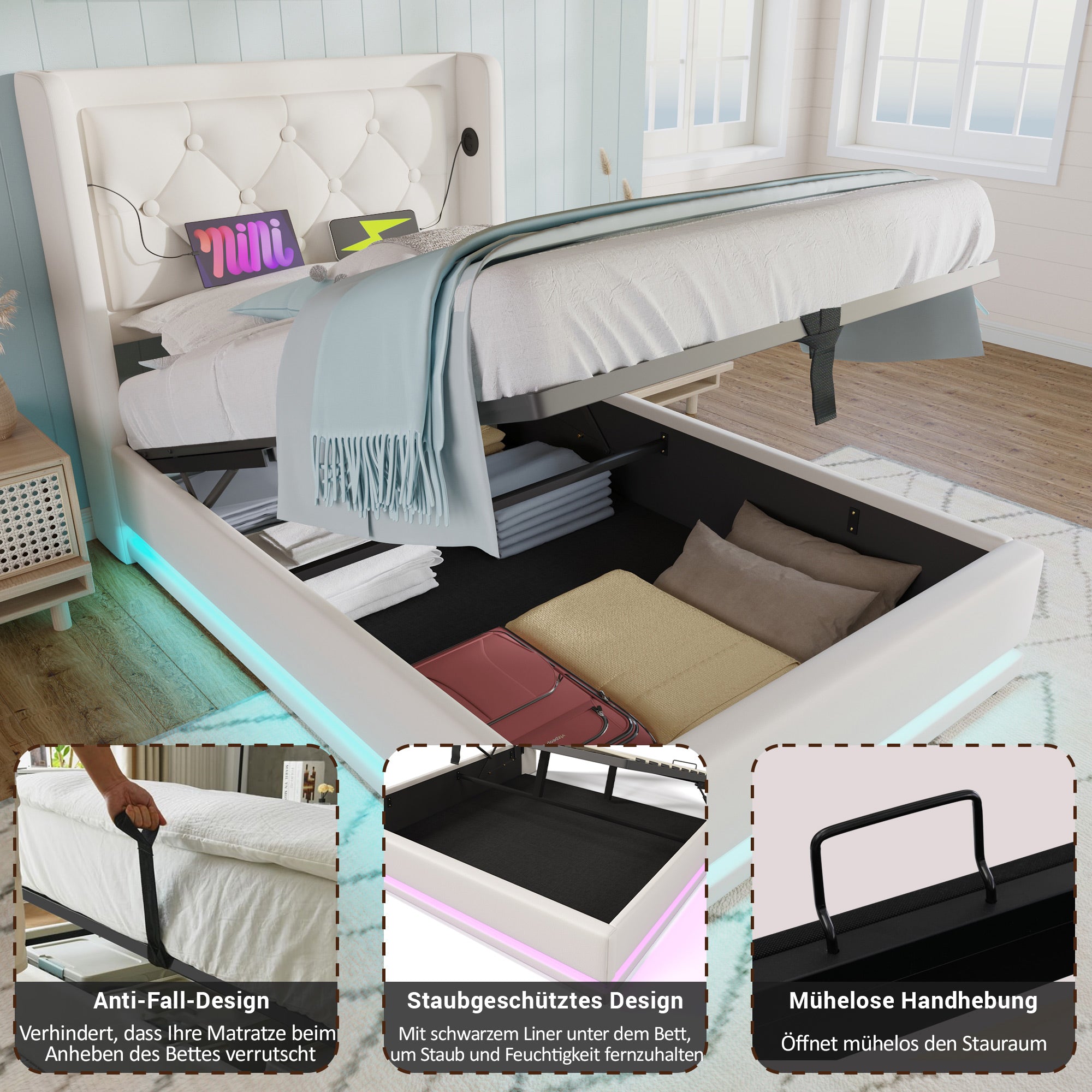 Upholstered Single Bed, Hydraulic Storage with USB & LED, White PU