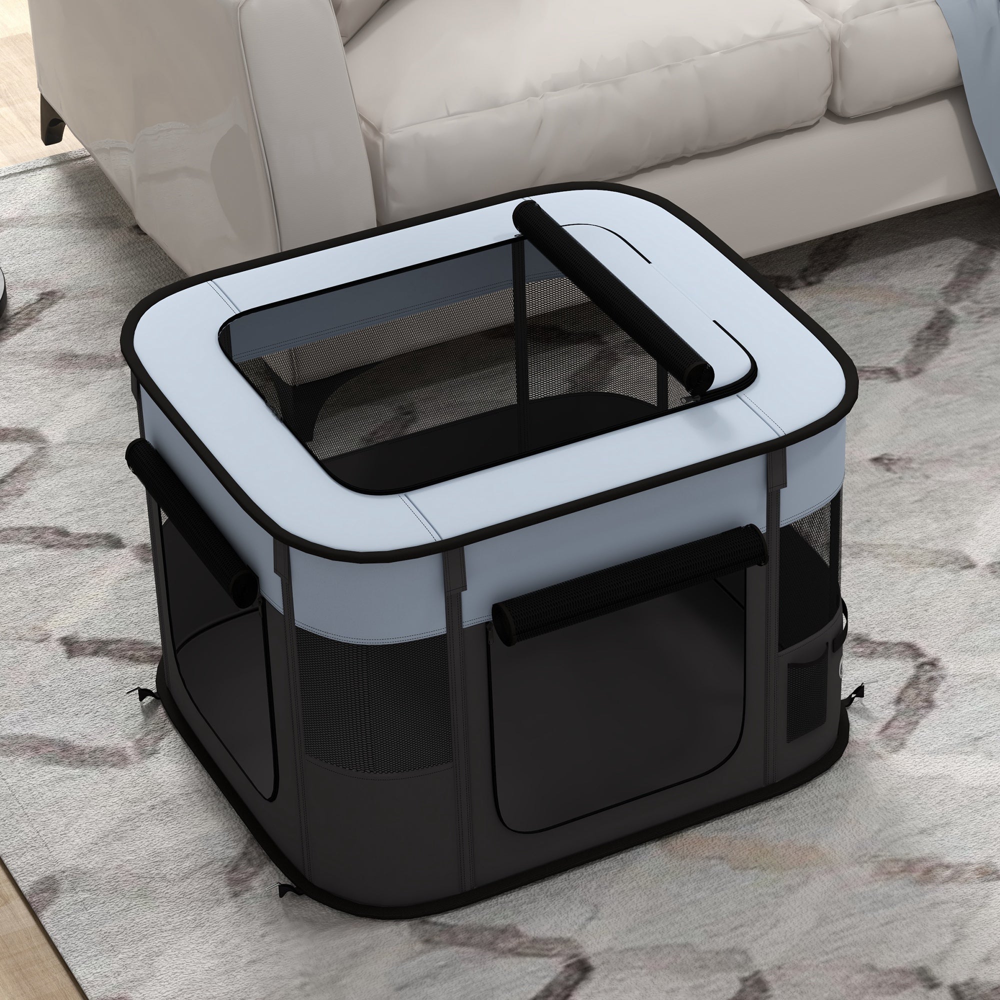 Puppy Playpen Foldable with Doors, Windows, Breathable Mesh, 74x60x45cm Grey