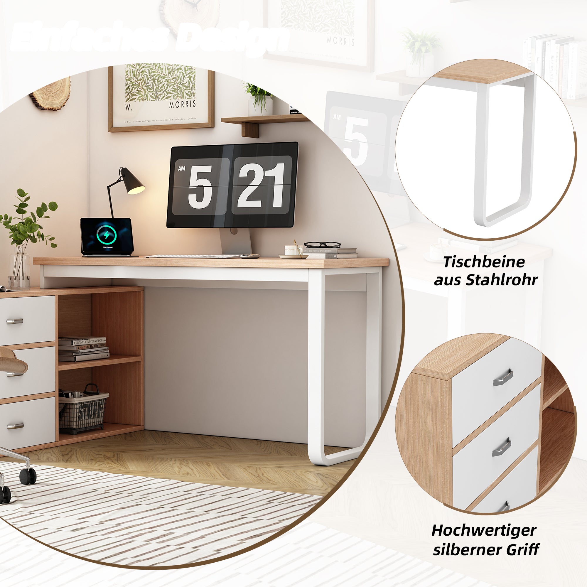 Simple Desk/Office Desk, Three Drawers, Two Open Storage, Natural