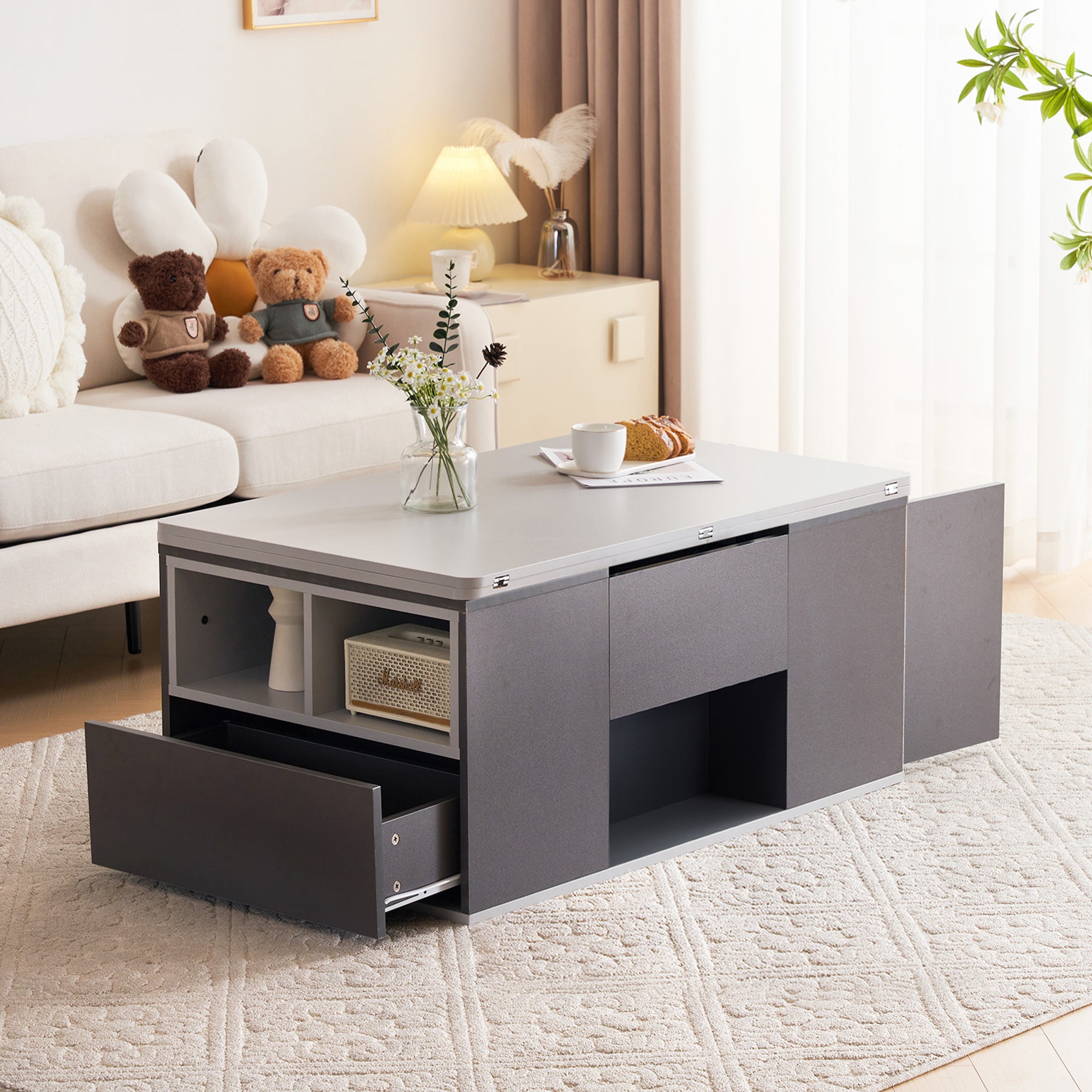 Liftable Multifunctional Coffee Table Opens to 2 Tables Large Capacity - Dark Grey/Light Grey