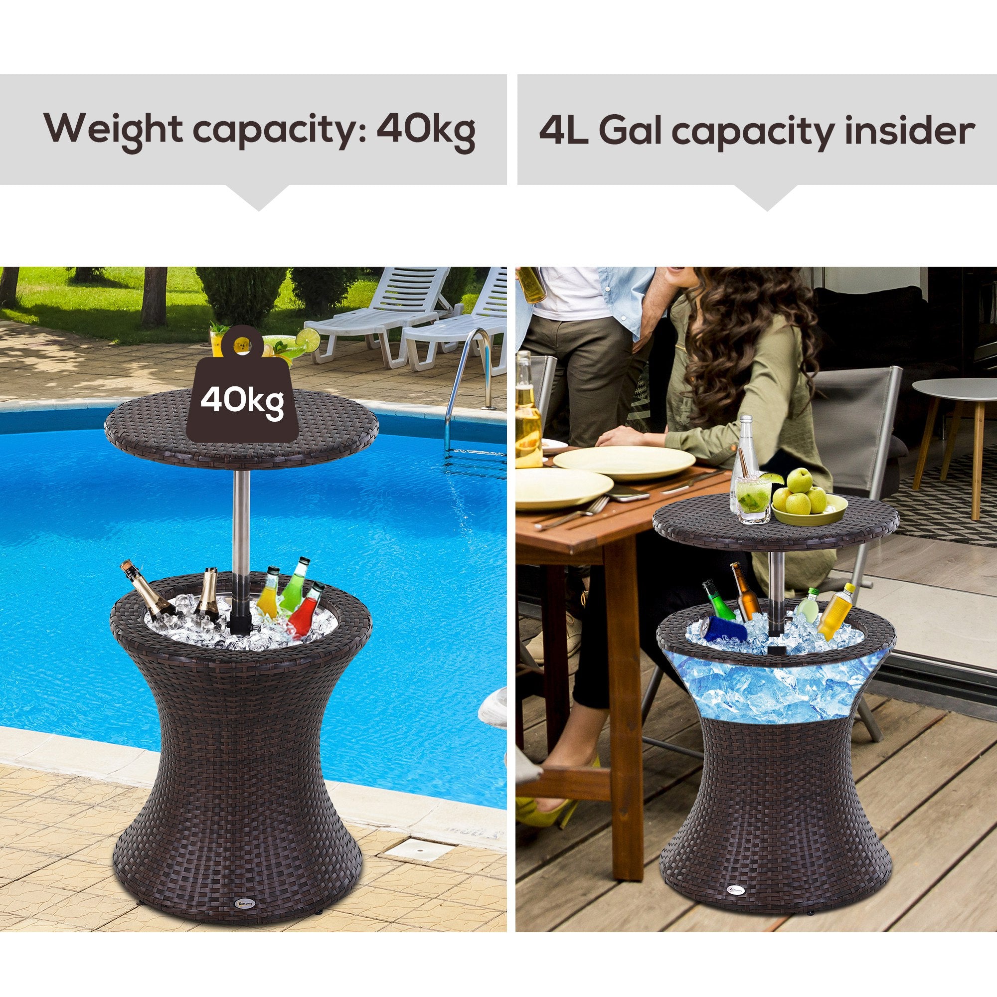 PE Rattan Ice Bucket Table, Height Adjustable Outdoor Drinks Cooler, Round 52 cm, Brown