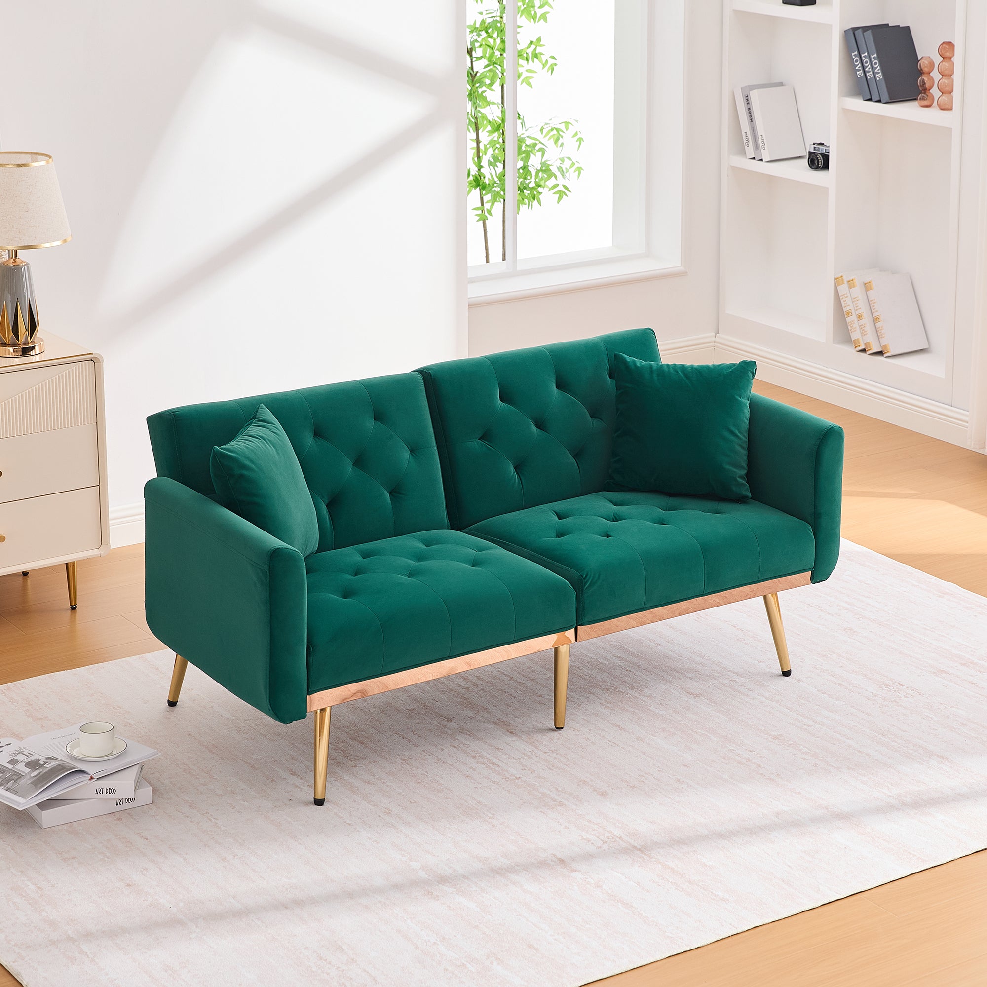 Two-Seater Sofa, Adjustable Backrest Sofa Bed with Metal Legs, Emerald Velvet