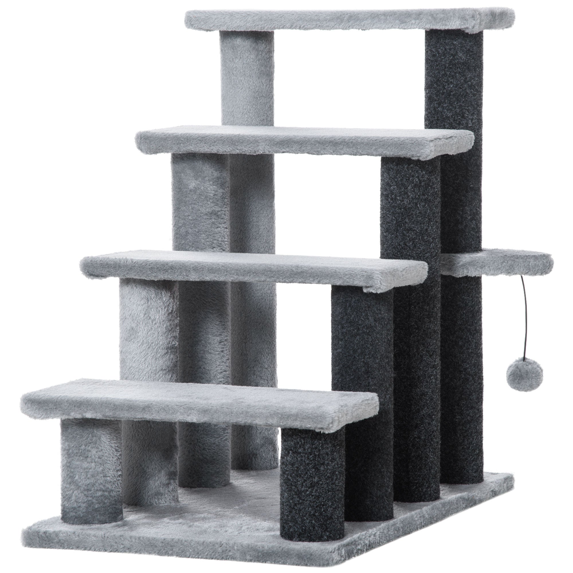 Cat Stairs, 64cm 4 Steps with Play Ball, Jute and Plush, Grey