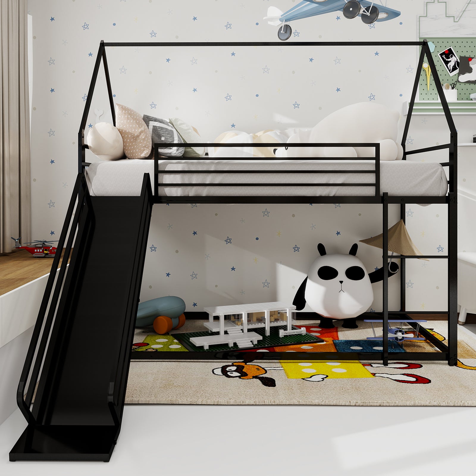 Twin over Twin Bunk Bed with Slide, House Shaped, Metal