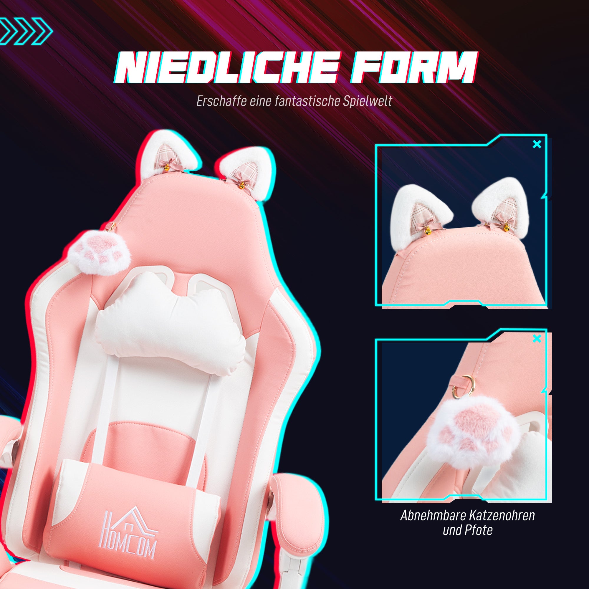 Gaming Chair with Lumbar Support, Footrest, Cat Ears, Pink