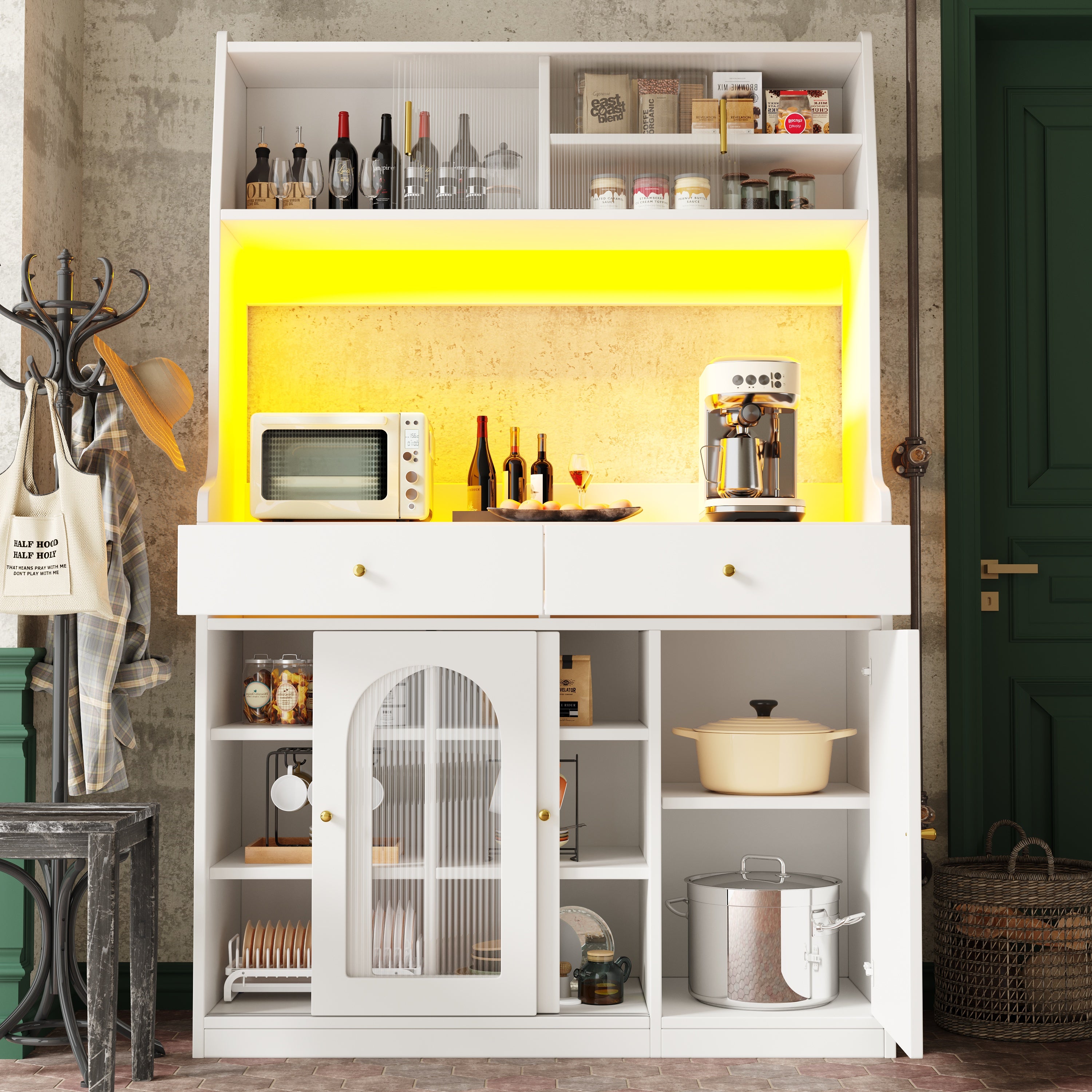 Tall Kitchen Cabinet Buffet Sideboard, Display Storage Adjustable Shelves 2 Drawers LED Lighting - White