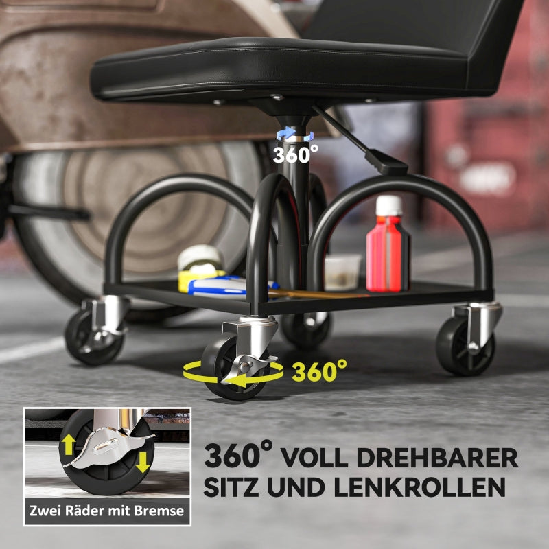 Workshop Stool with Wheels, Storage & Lumbar Support, 135 kg Load Capacity, Black