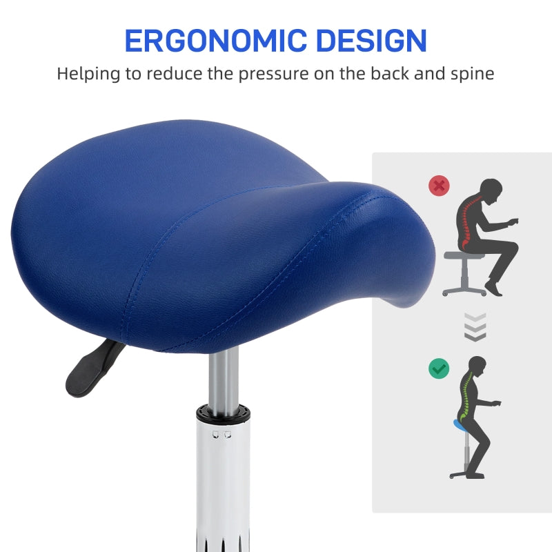 Saddle Stool, Height Adjustable Salon Chair for Massage Spa, Dark Blue Faux Leather
