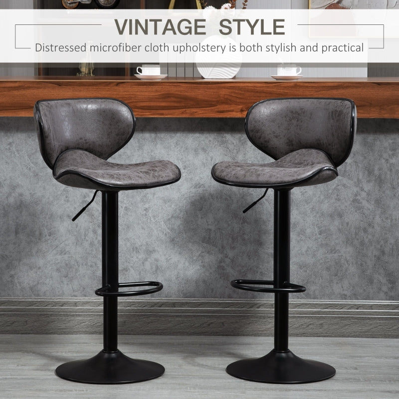 Adjustable Bar Stools Set of 2, Swivel Upholstered with Back and Footrest, Dark Grey Leathaire