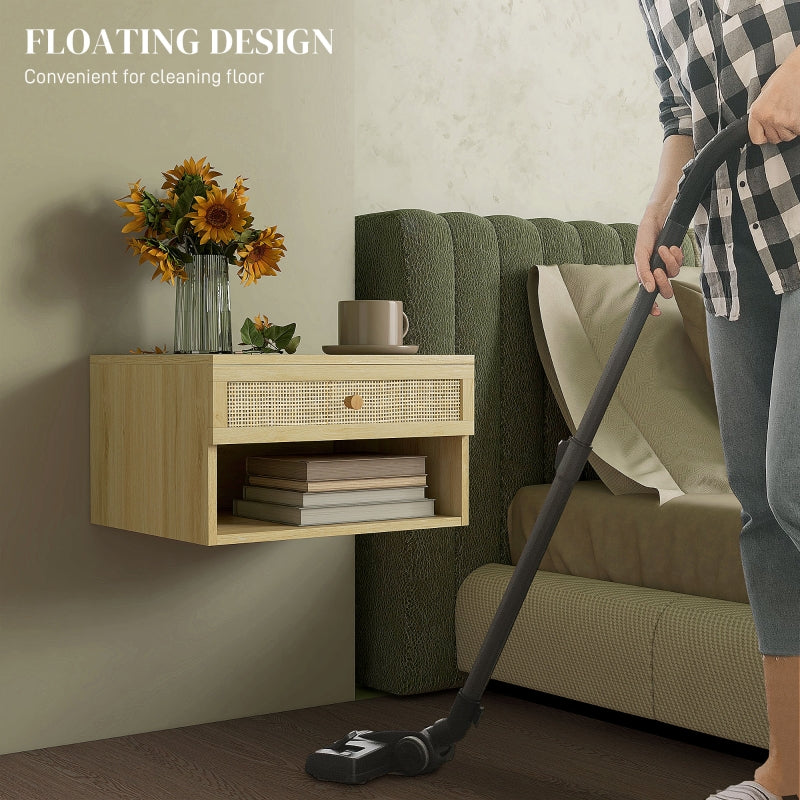 Set of Two Floating Bedside Tables Rattan Panel Wood-Effect