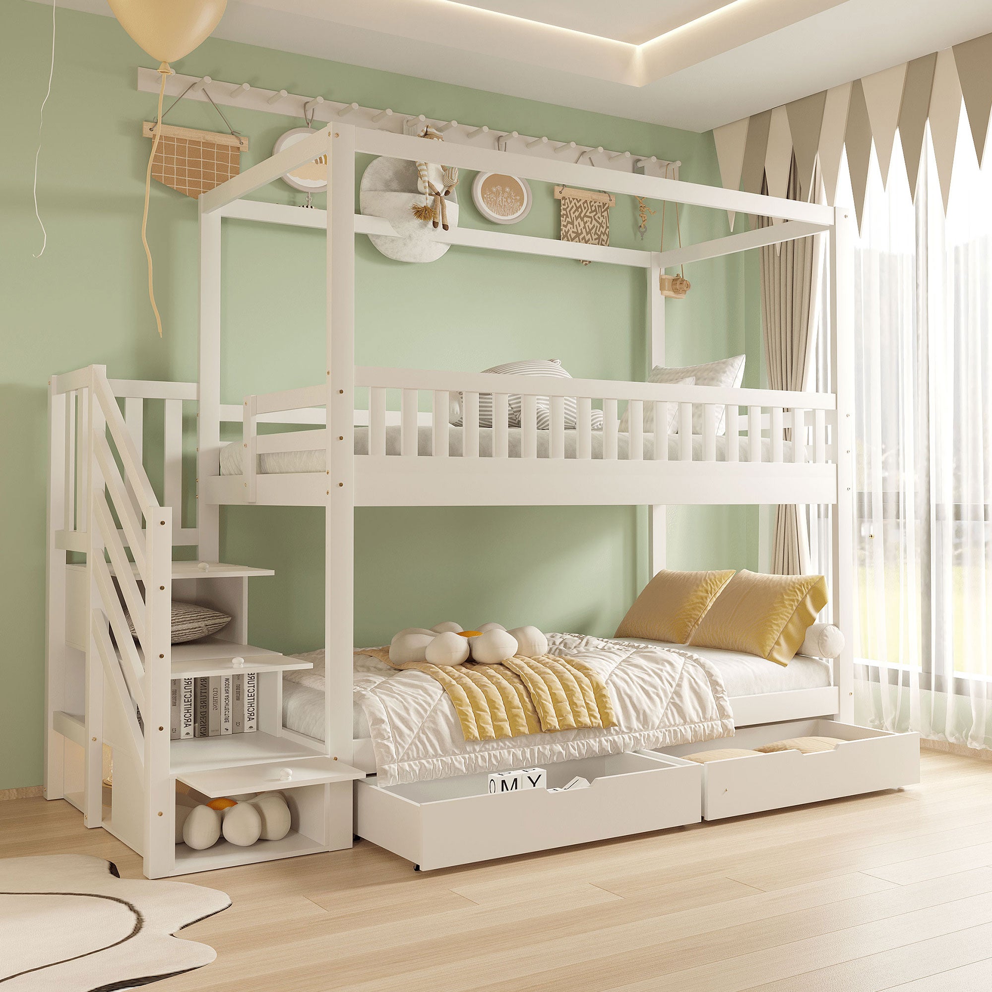 Bunk Bed, House-Shaped, Safety Railing, Storage, Solid Wood White