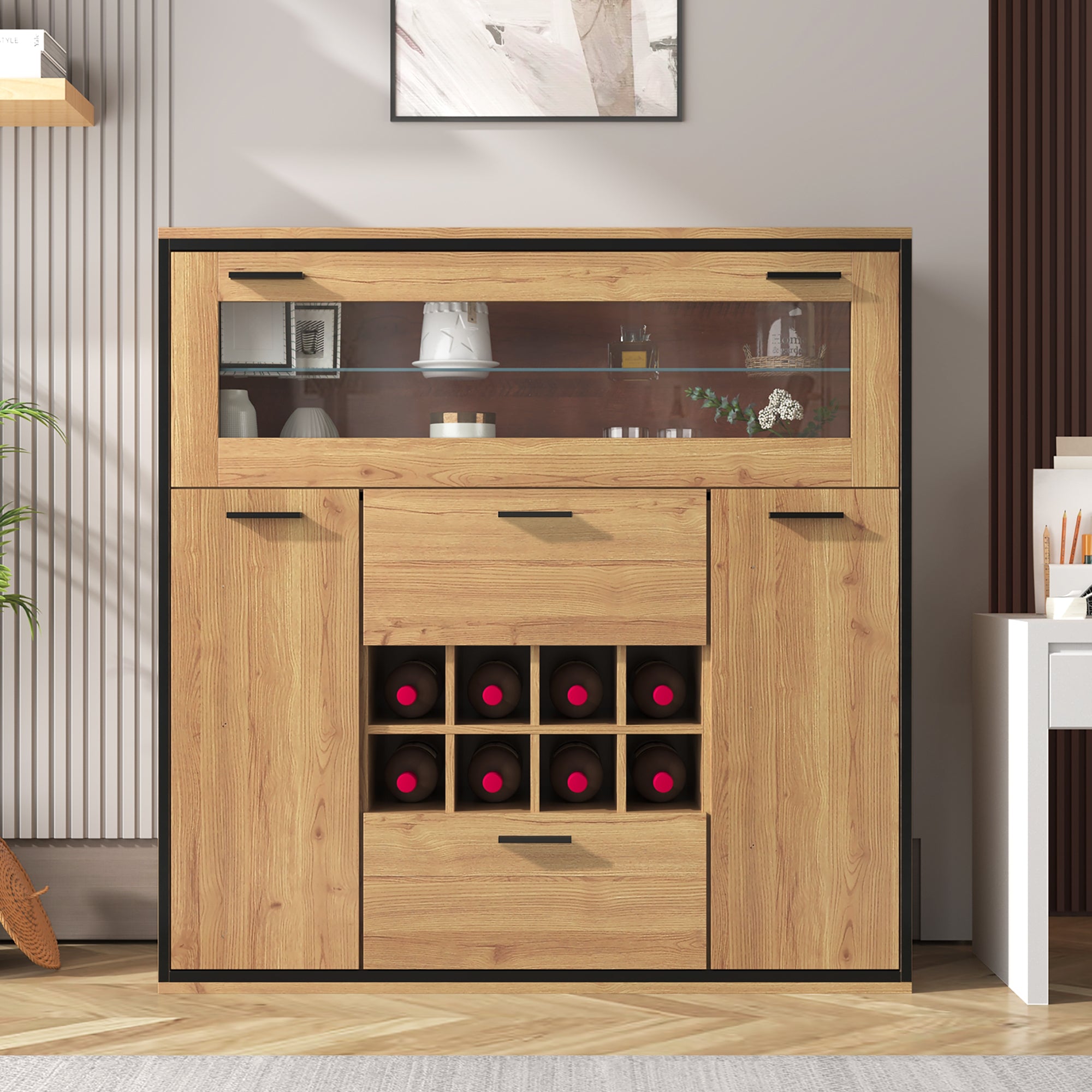 Sideboard, Elegant Wine Cabinet with Double Doors, Glass Shelf & Wine Holder