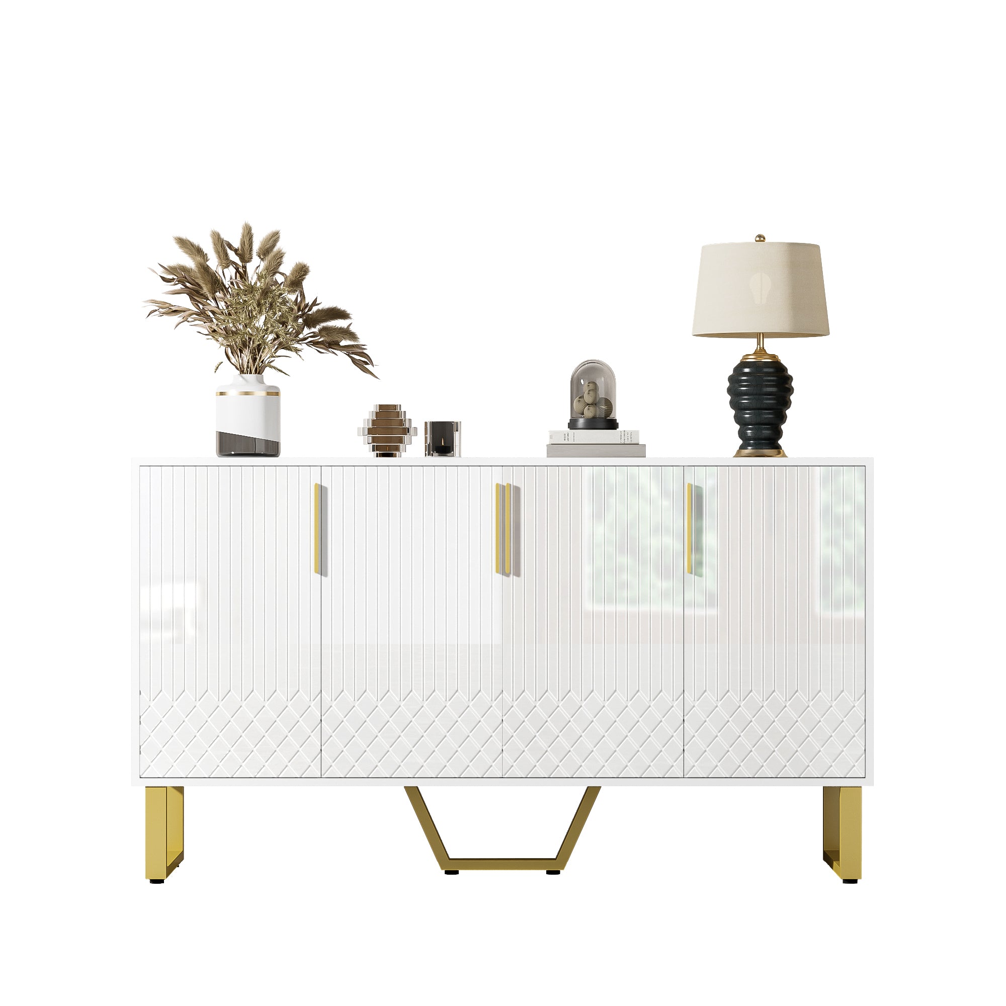 High-gloss Sideboard, 4 Doors, Metal Handles & Legs, White