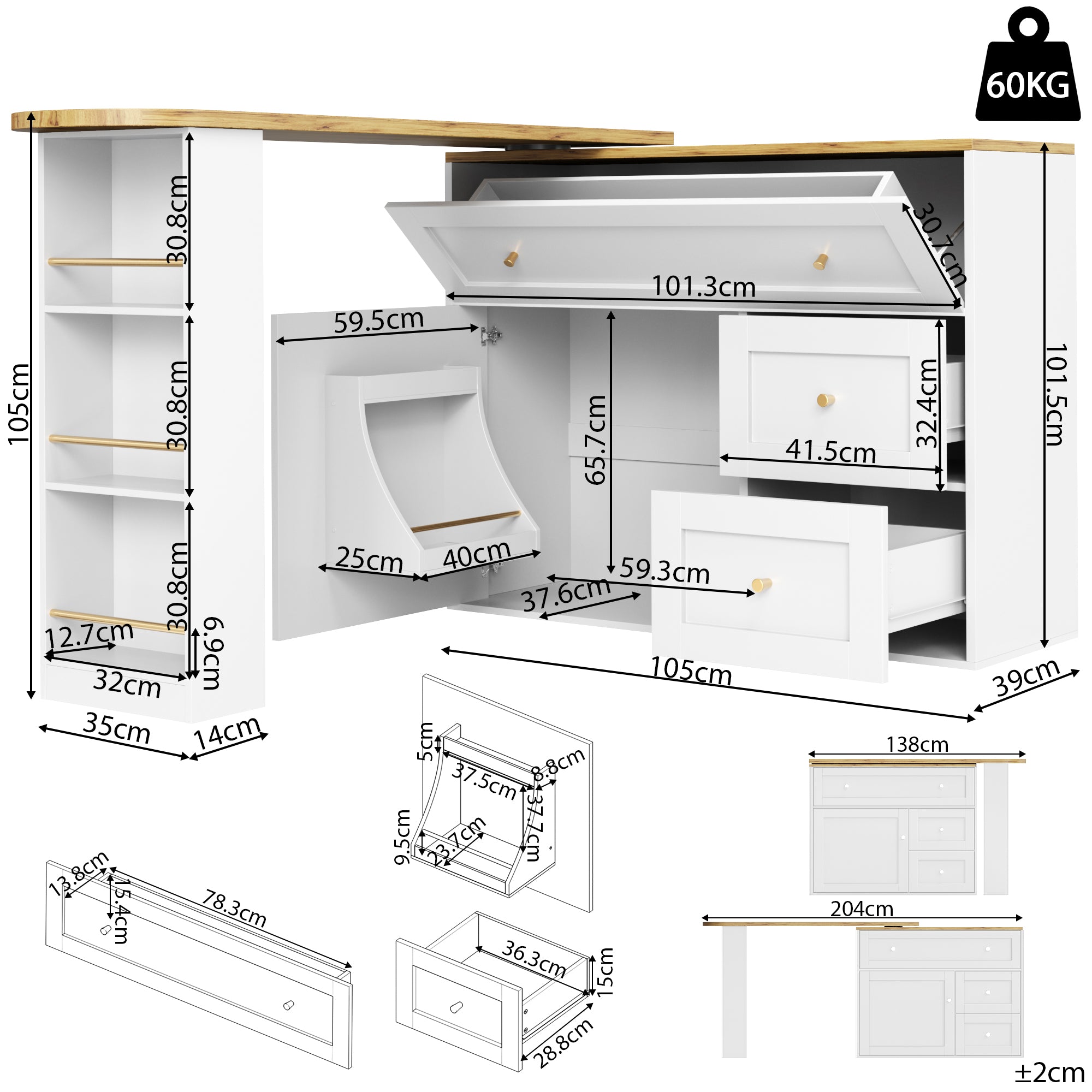 Extendable Bar Table Telescopic Storage Snack Shelf 138-204cm - White
