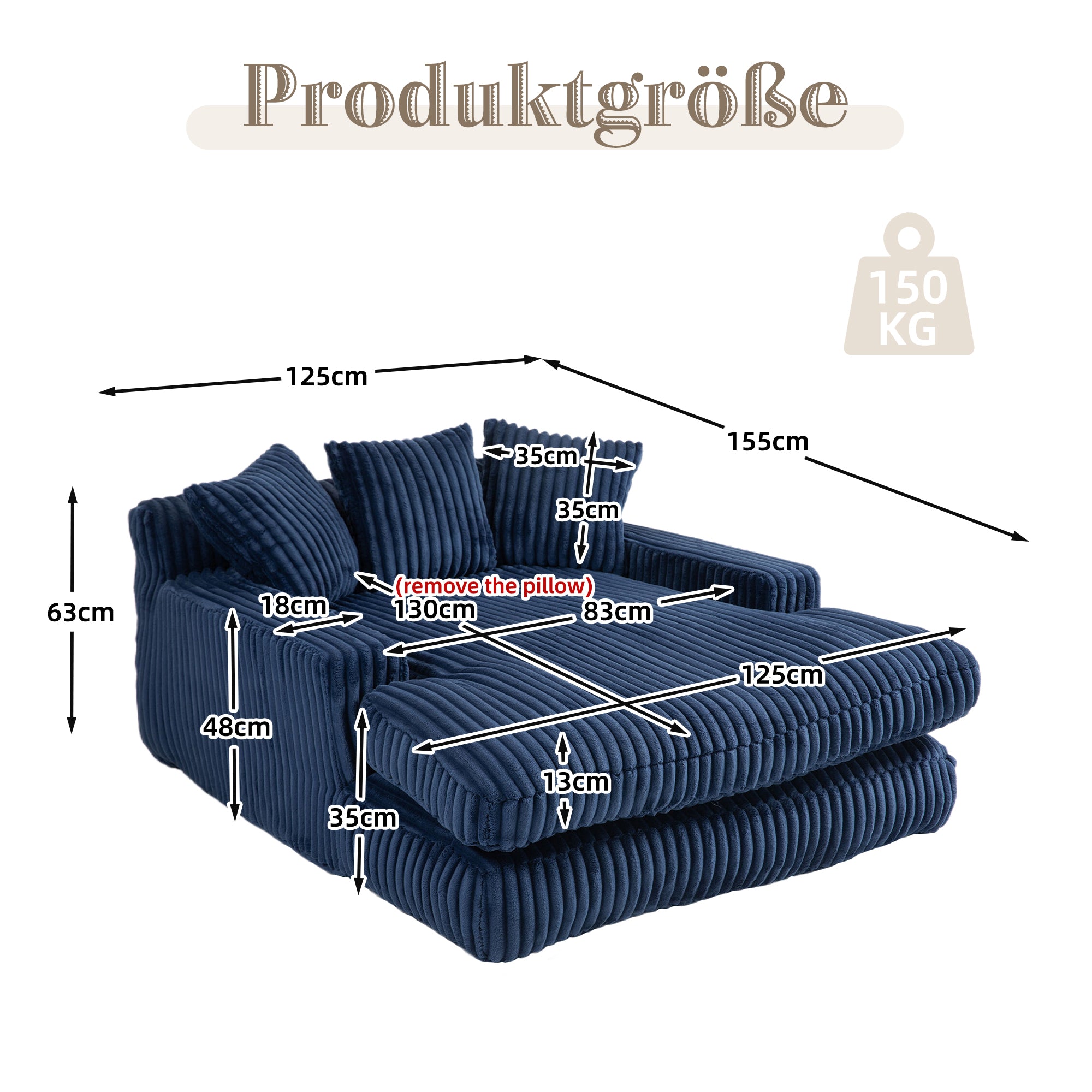 Sofa Bed, Cloud Couch with 3 Soft Pillows, Single Seat, Corduroy Navy Blue
