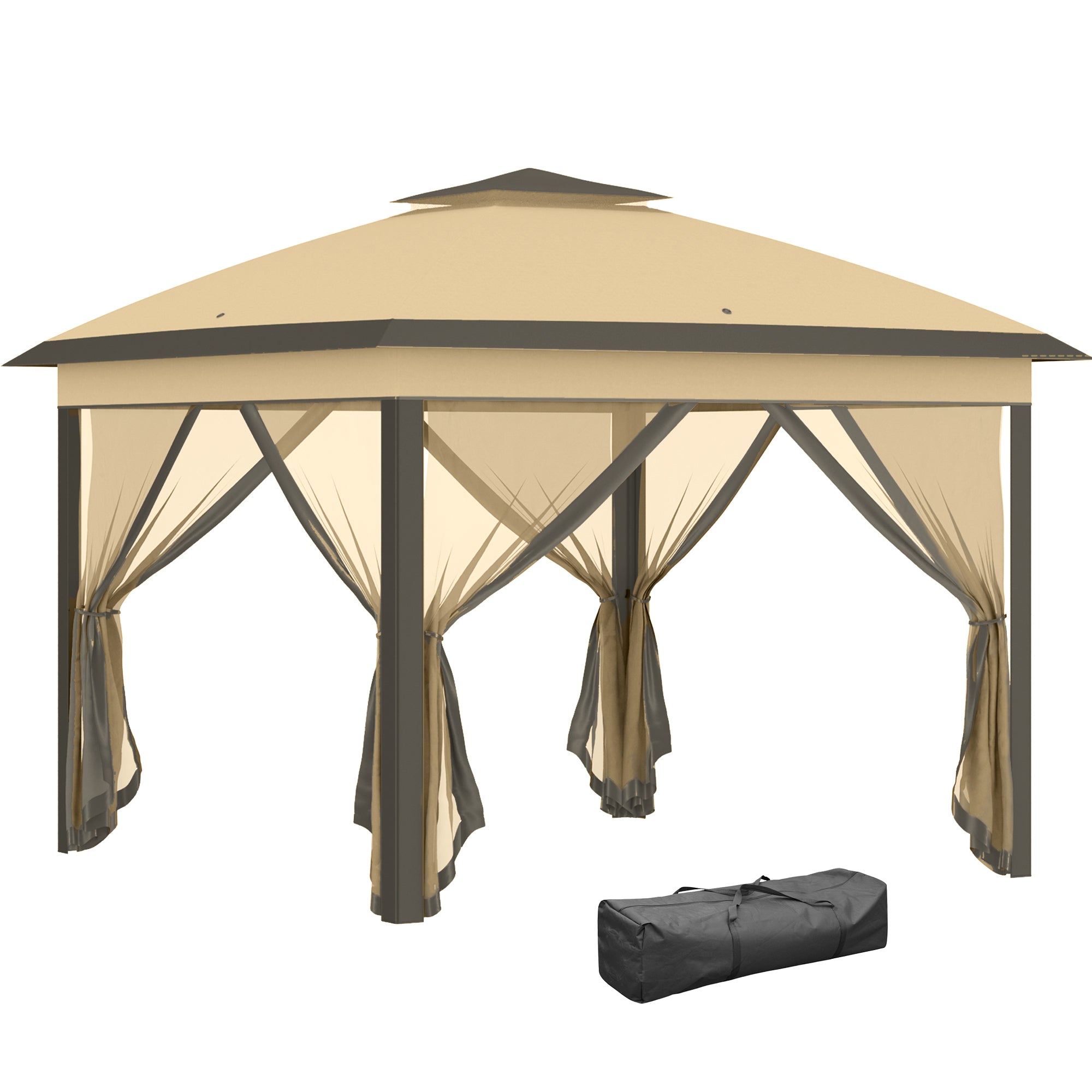 Pop Up Gazebo, 3.3 x 3.3m Double Roof Foldable with Zipped Mesh Sidewalls, Height Adjustable, Beige
