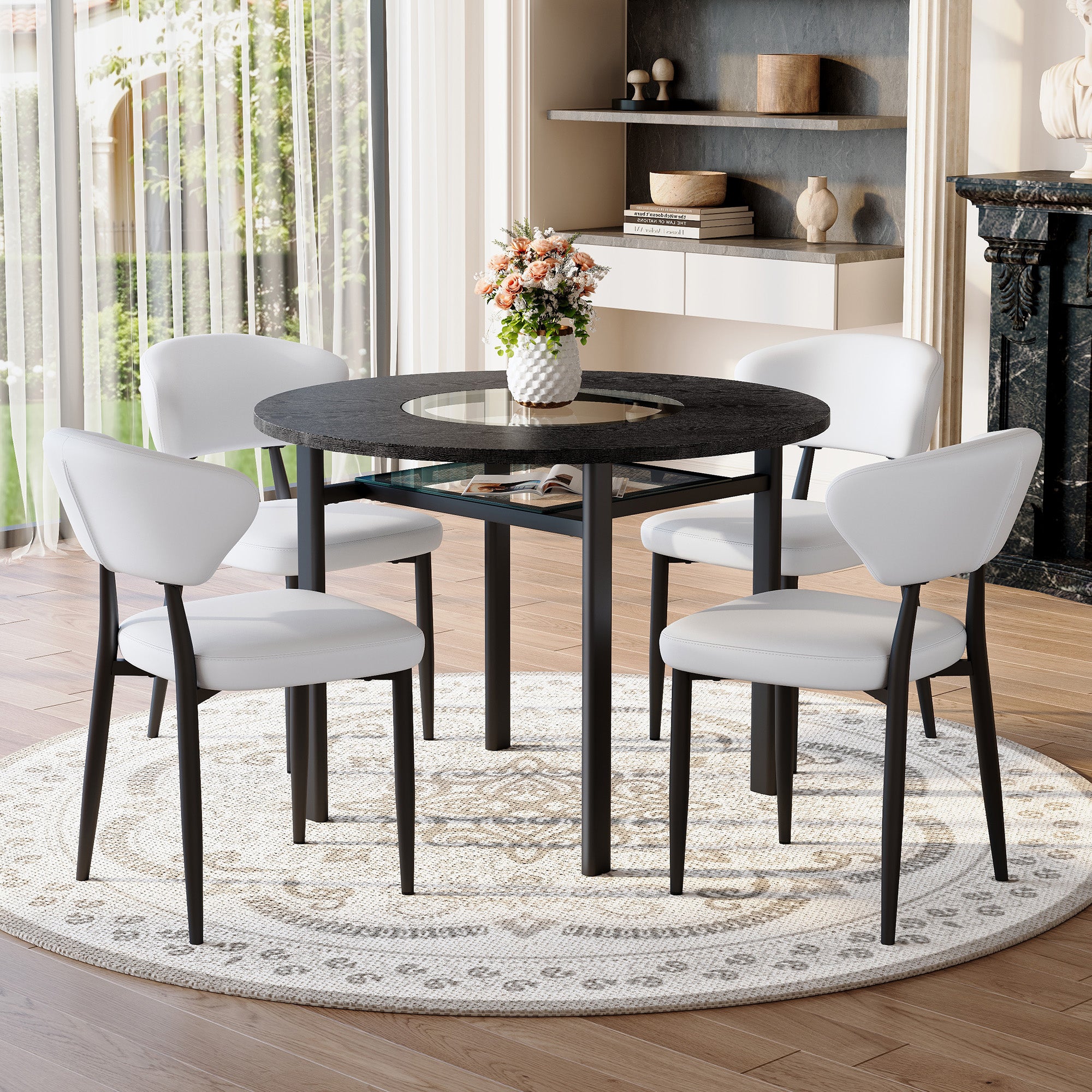 Modern Minimalist Round Table Set with 4 Armchairs, 100cm Diameter, Black Wood Look/White PU