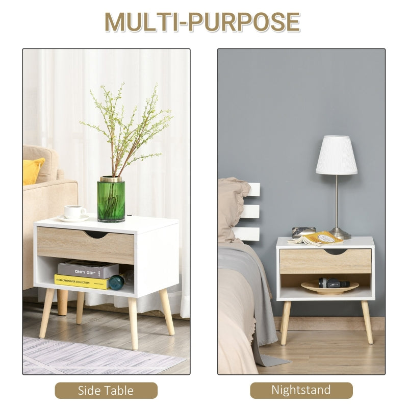 Bedside Table with Drawer and Shelf, Modern Storage Nightstand, White