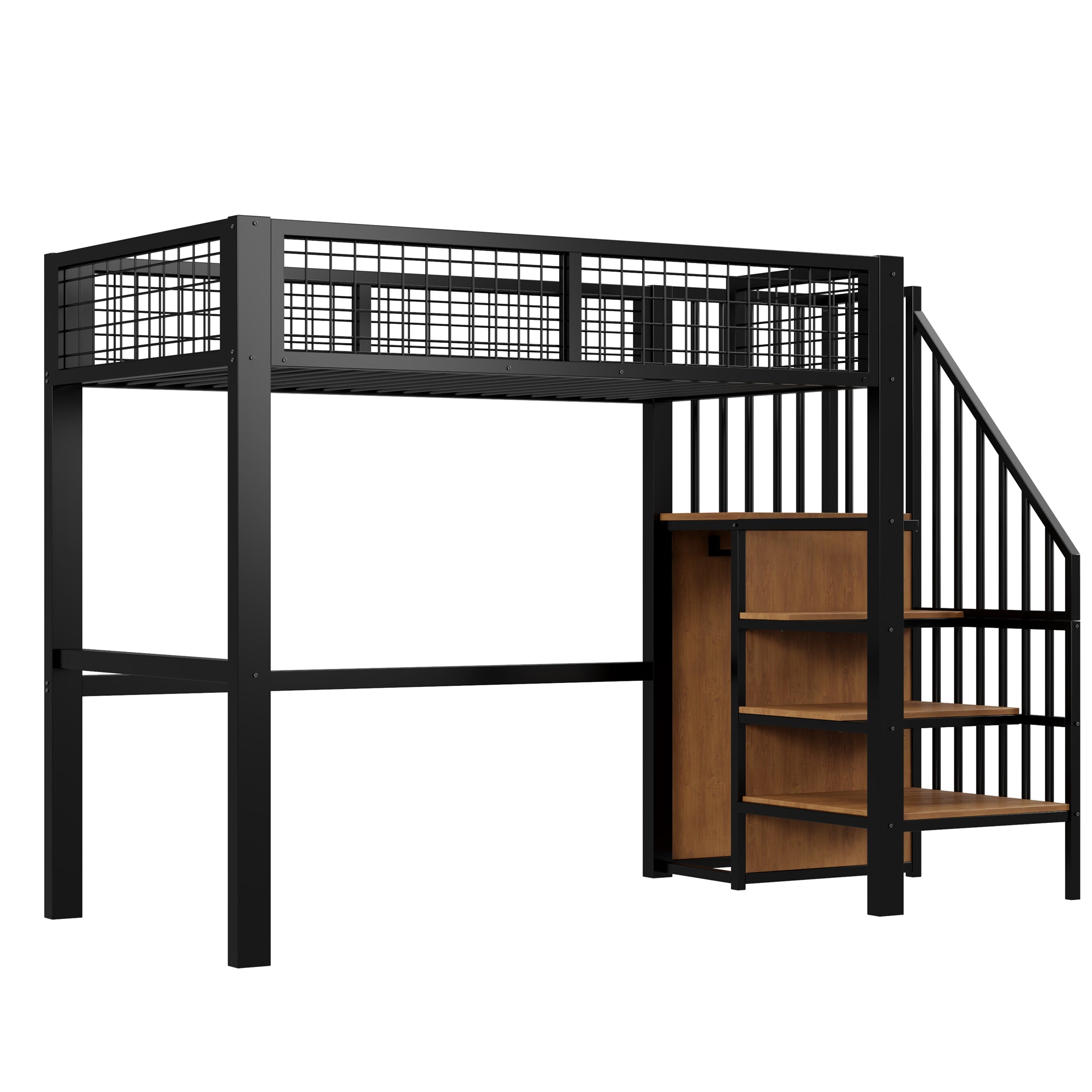 Loft Bed, 90x200 with Ladder & Storage, Iron Frame, Black
