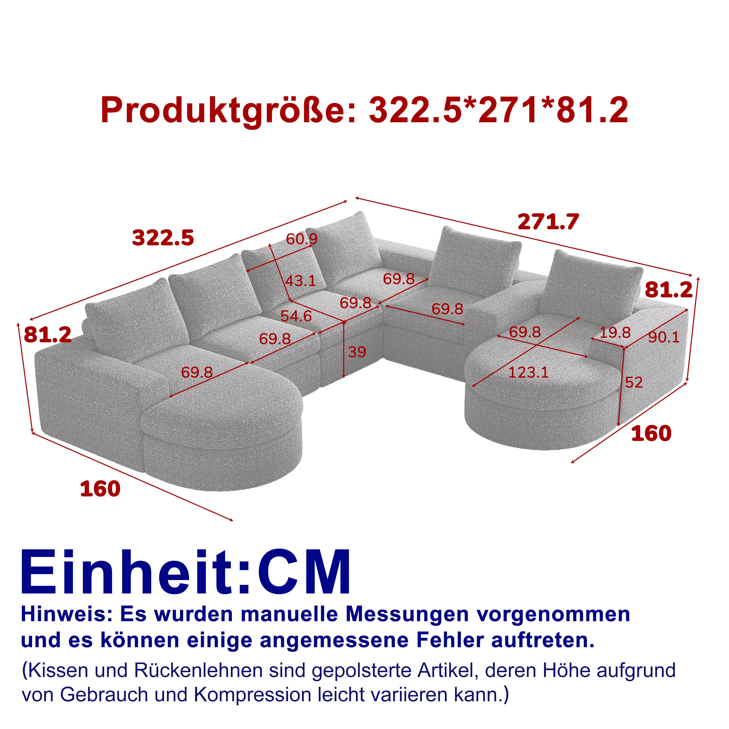 Chenille Sofa - Curved Elements, L-Lounger, Two-Piece Set