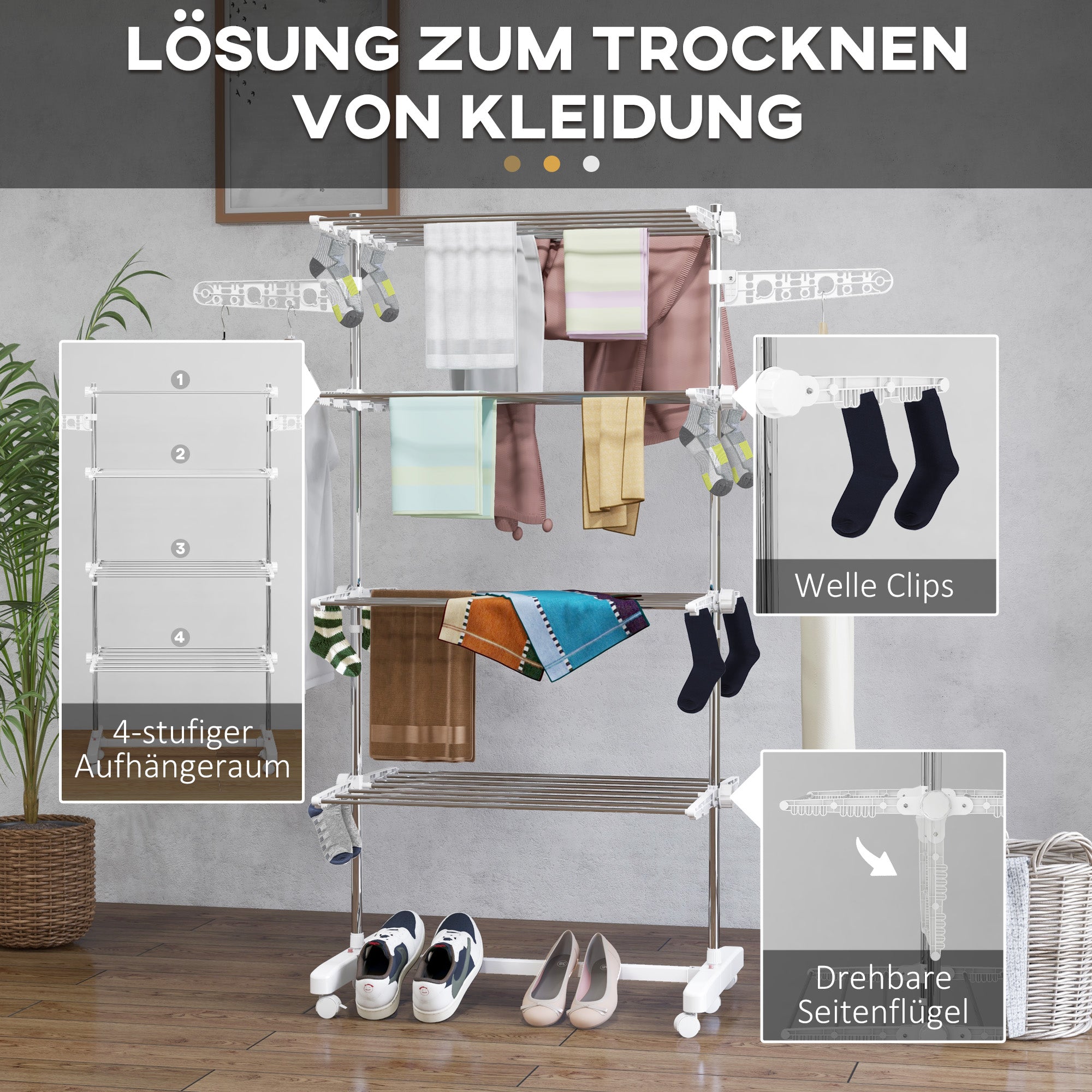 Mobile Clothes Airer, Foldable 4 Levels with Wheels, White ABS