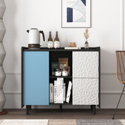 Sideboard Buffet Cabinet 2 Drawers 2 Open Storage - Black/Blue Doors