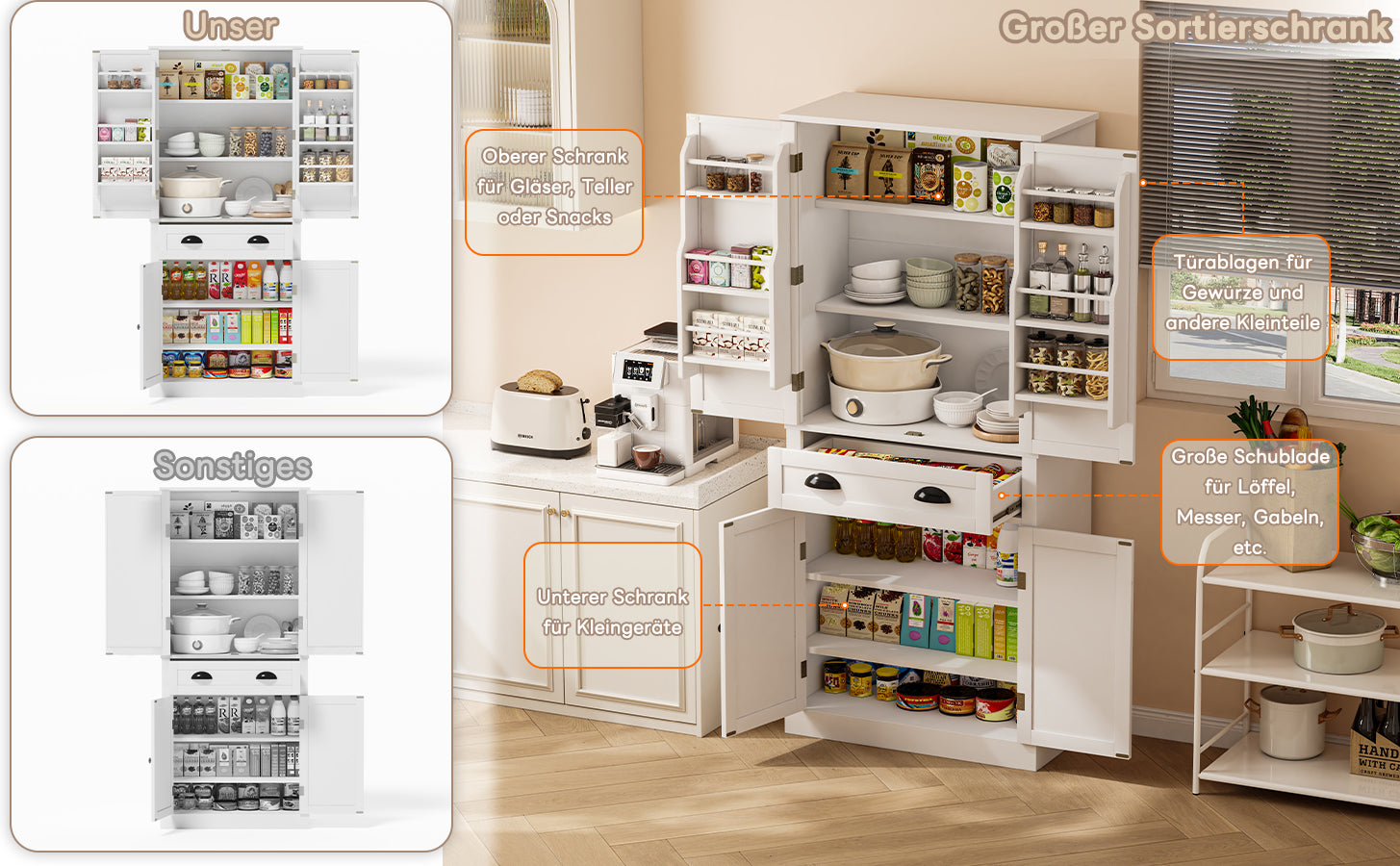 Storage Cabinet with 4 Doors and 1 Drawer, 6 Compartments and 4 Adjustable Shelves, White