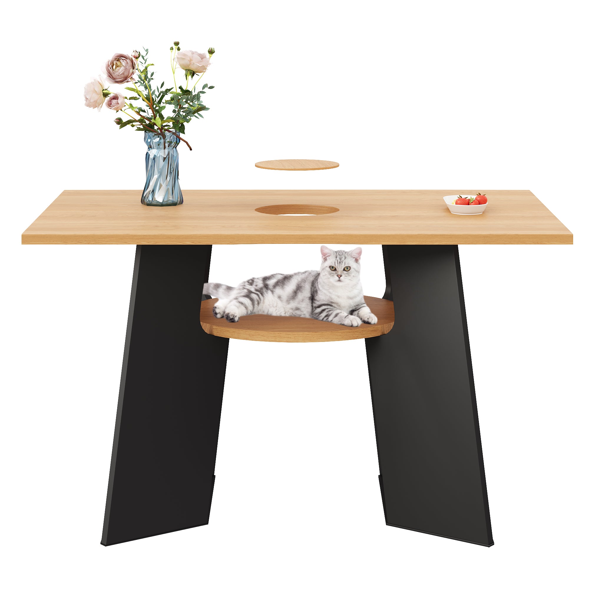 Pet-Friendly Dining Table 6 Seater Pet Area Shelf - Natural Wood/Black Mix