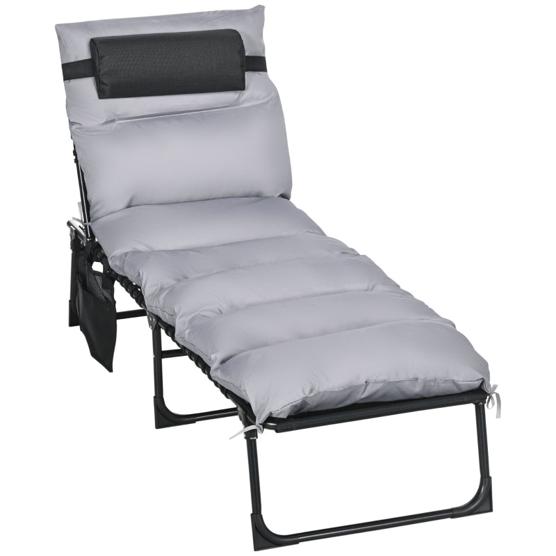 Folding Garden Lounger, 120kg 5-Position Reclining with Headrest, Steel Polyester Light Grey