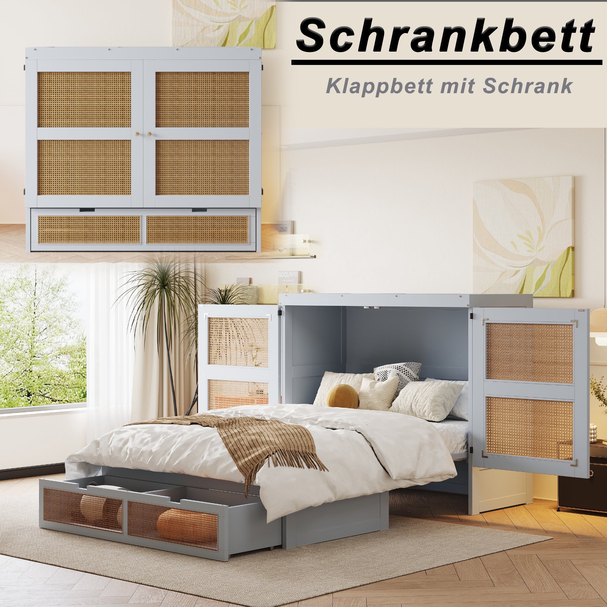 Wall Bed 140x200cm, Slatted Frame, Storage Drawers, Rattan Design, Grey