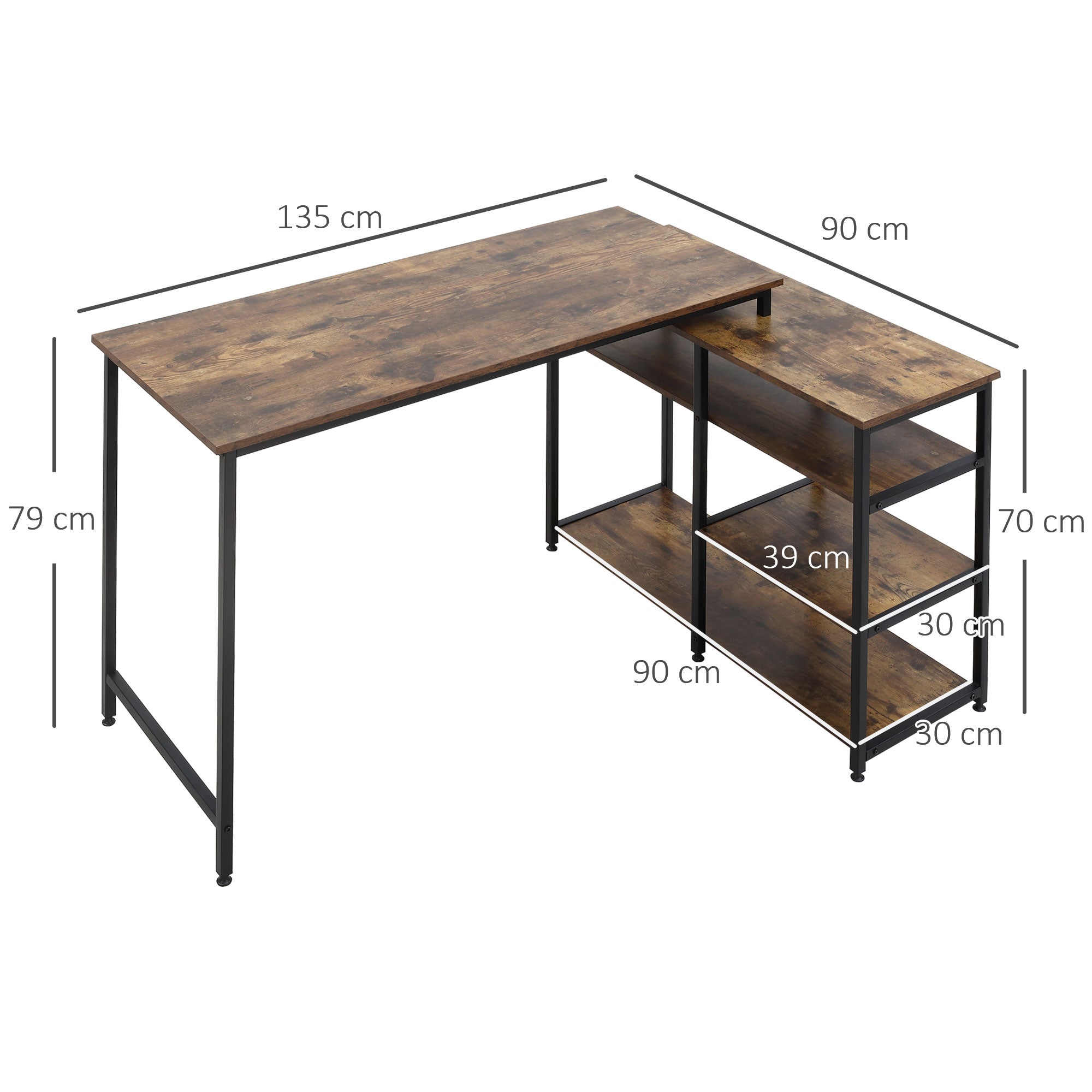 Corner Desk with Shelf and Drawer, L-Shaped, Rustic Brown Chipboard Metal