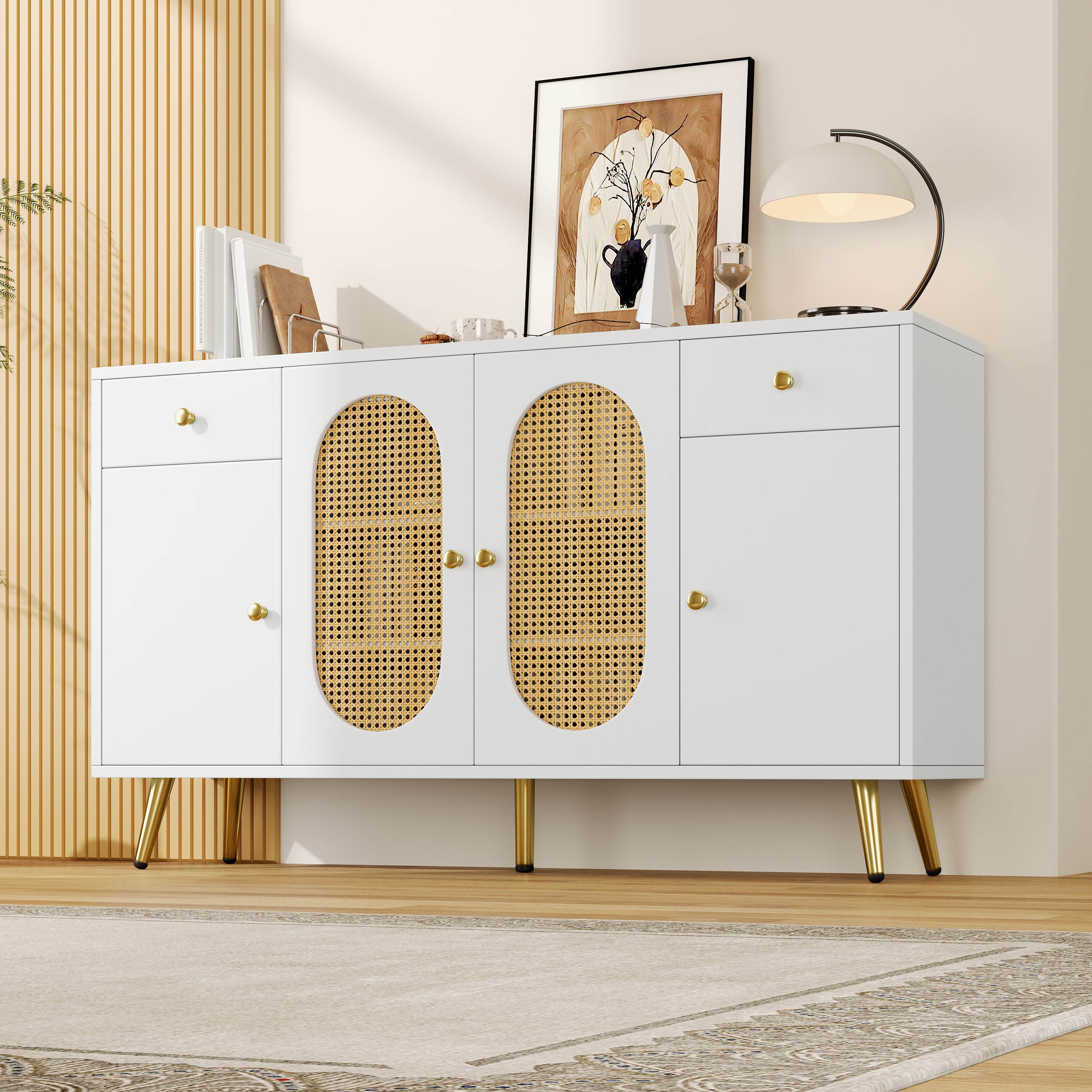 Chest of Drawers Sideboard 2 Drawers 4 Doors Adjustable Shelves White/Natural