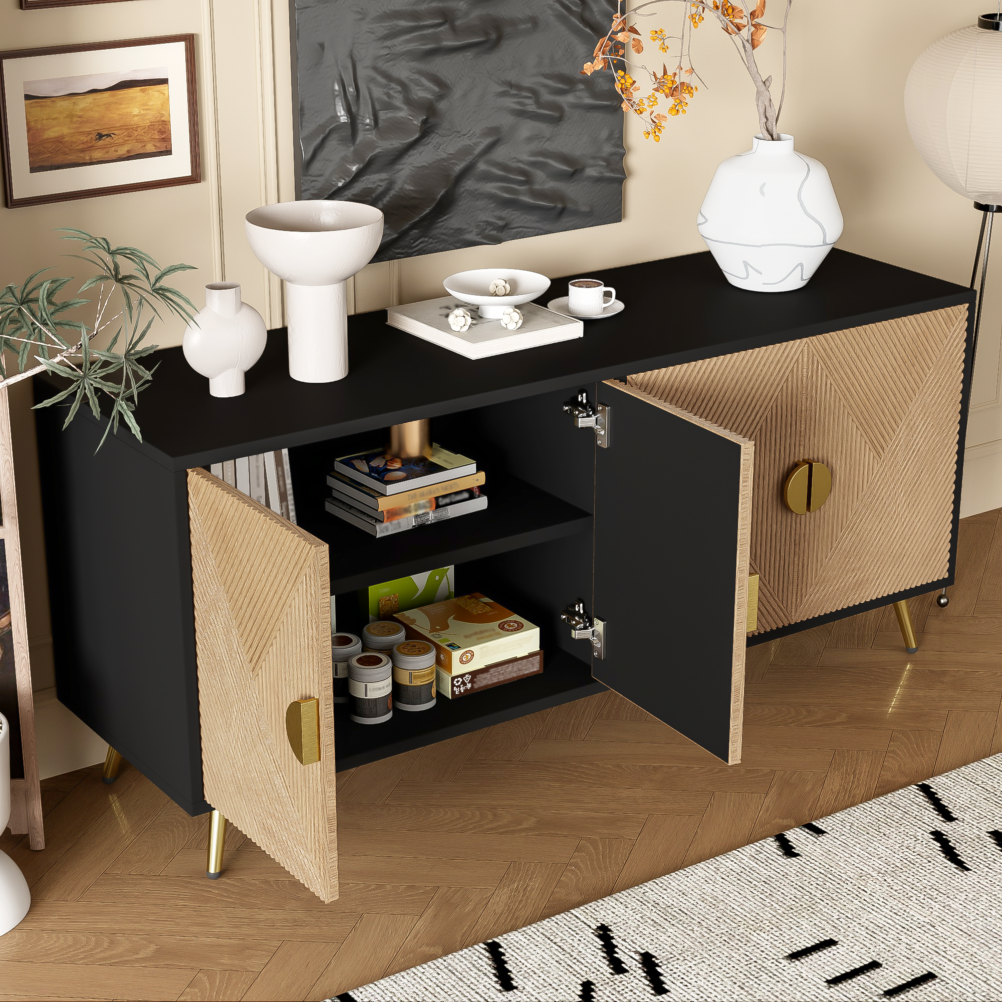 Sideboard, 160 cm, Four Doors, Golden Brushed Handles, High-Gloss Table Legs