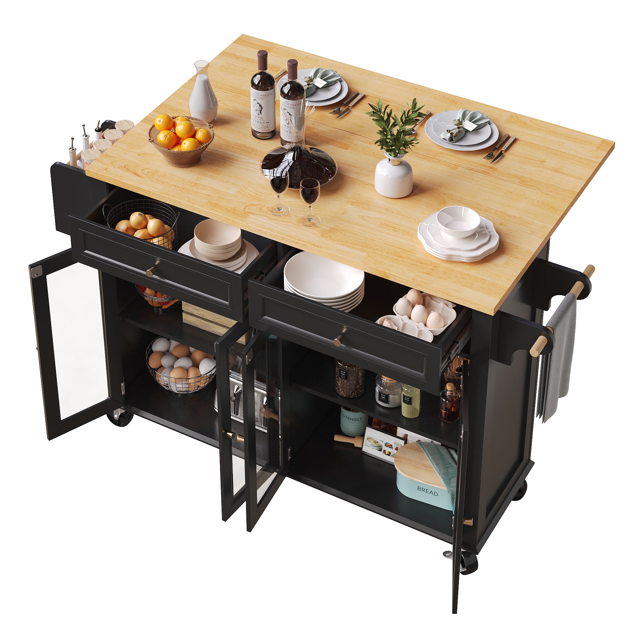 Kitchen Island Serving Trolley Mobile with Wheels Glass Doors Storage Black