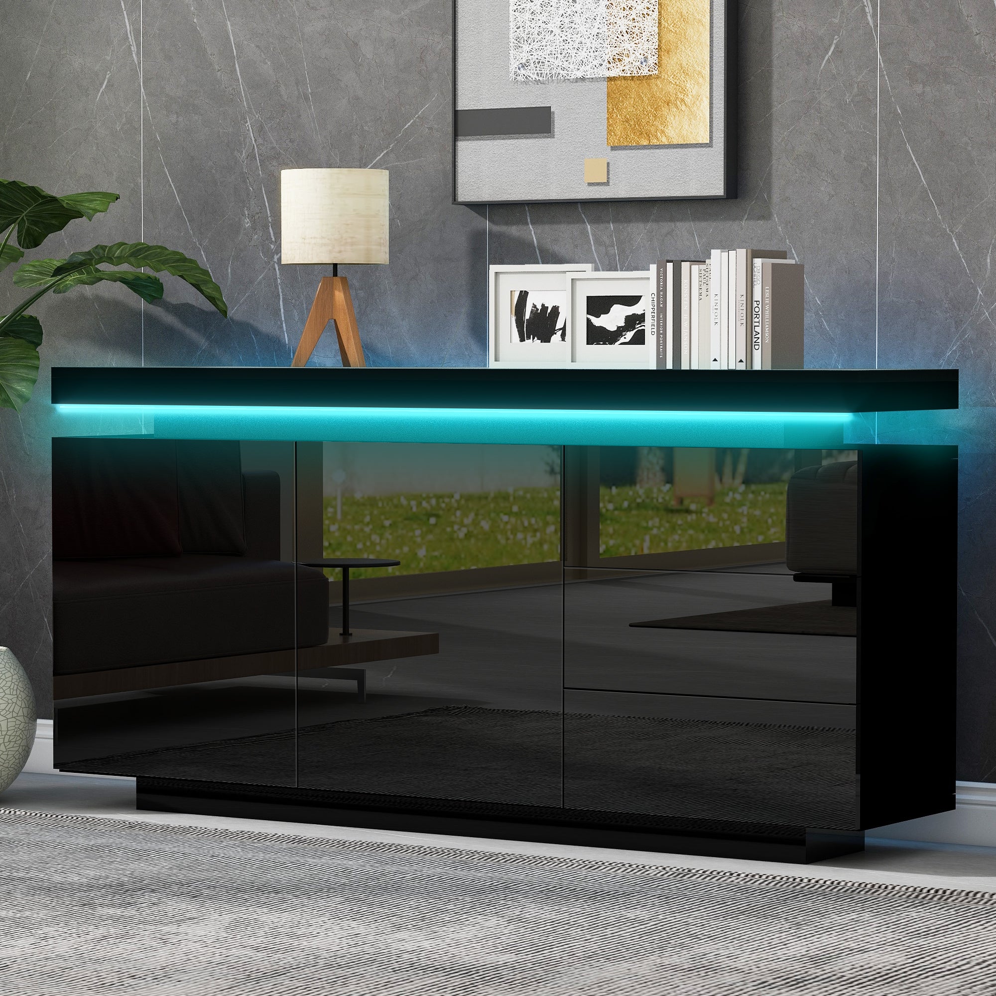 Modern Sideboard Cabinet High-Gloss LED Handleless 2 Doors 3 Drawers 140cm - Black