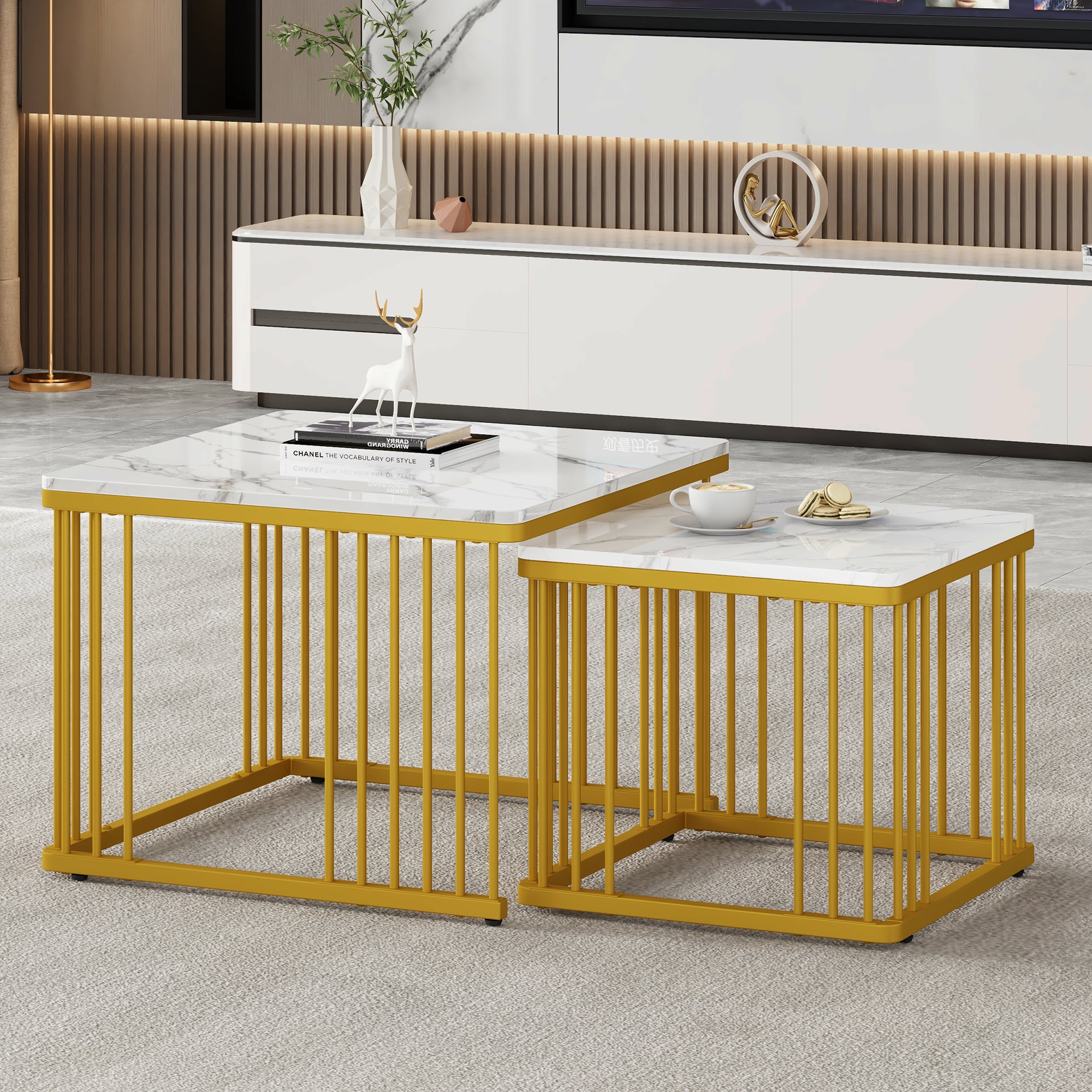 Nesting Coffee Tables Set of 2 Square Marble-Effect High-Gloss - Gold Legs