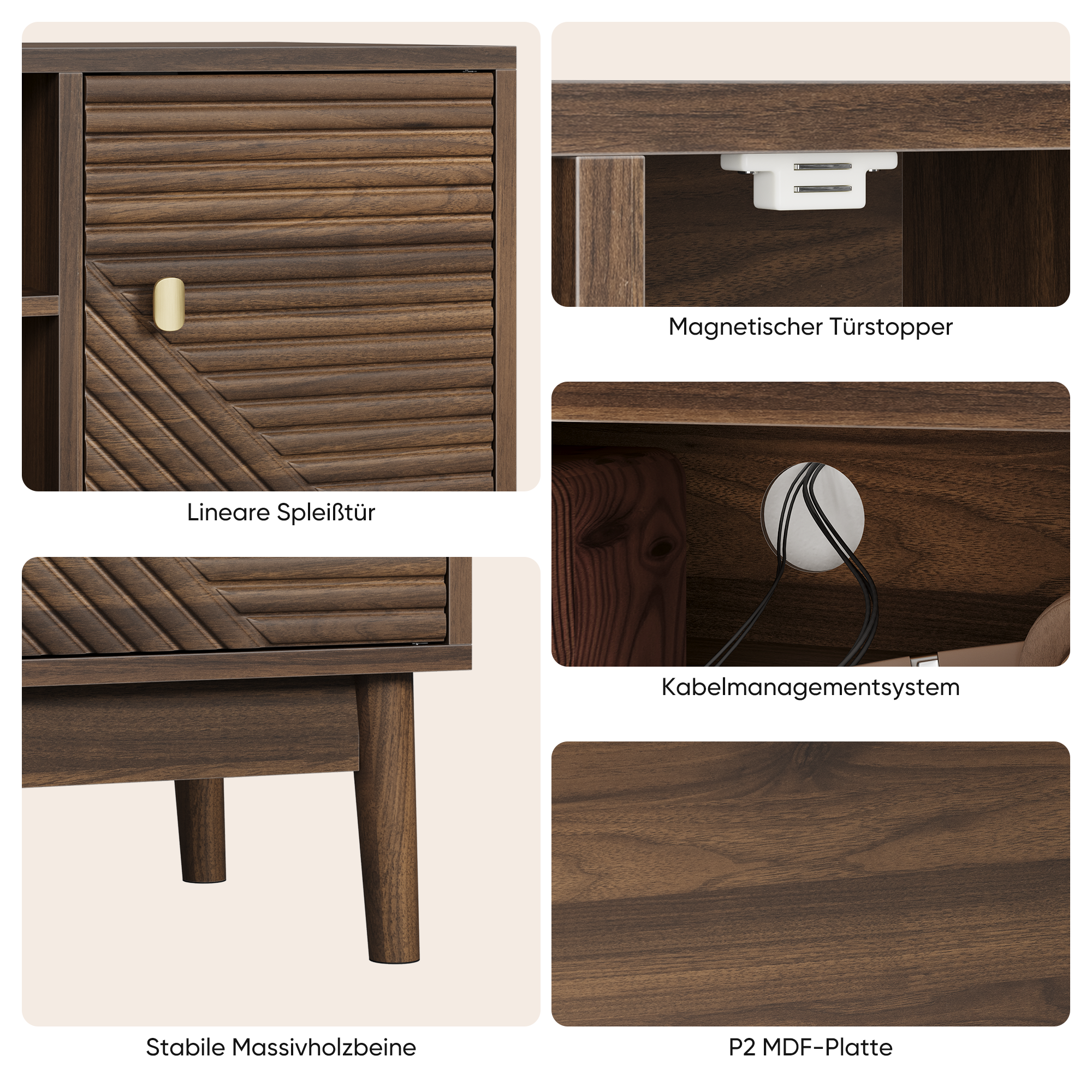 TV Stand, 110cm Mid-Century Modern with Storage Space, Walnut