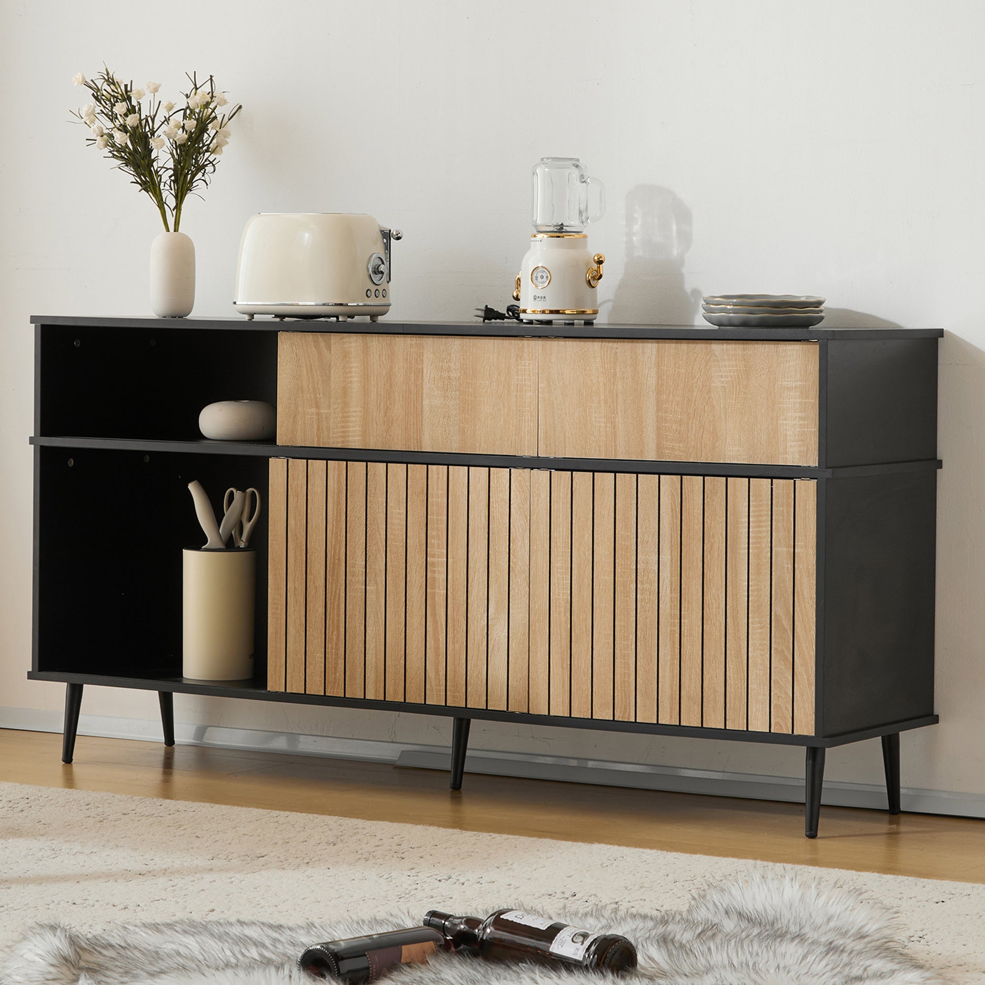 Chest of drawers with 4 sliding doors and 1 drawer, oak and black, 160W x 40D x 80H