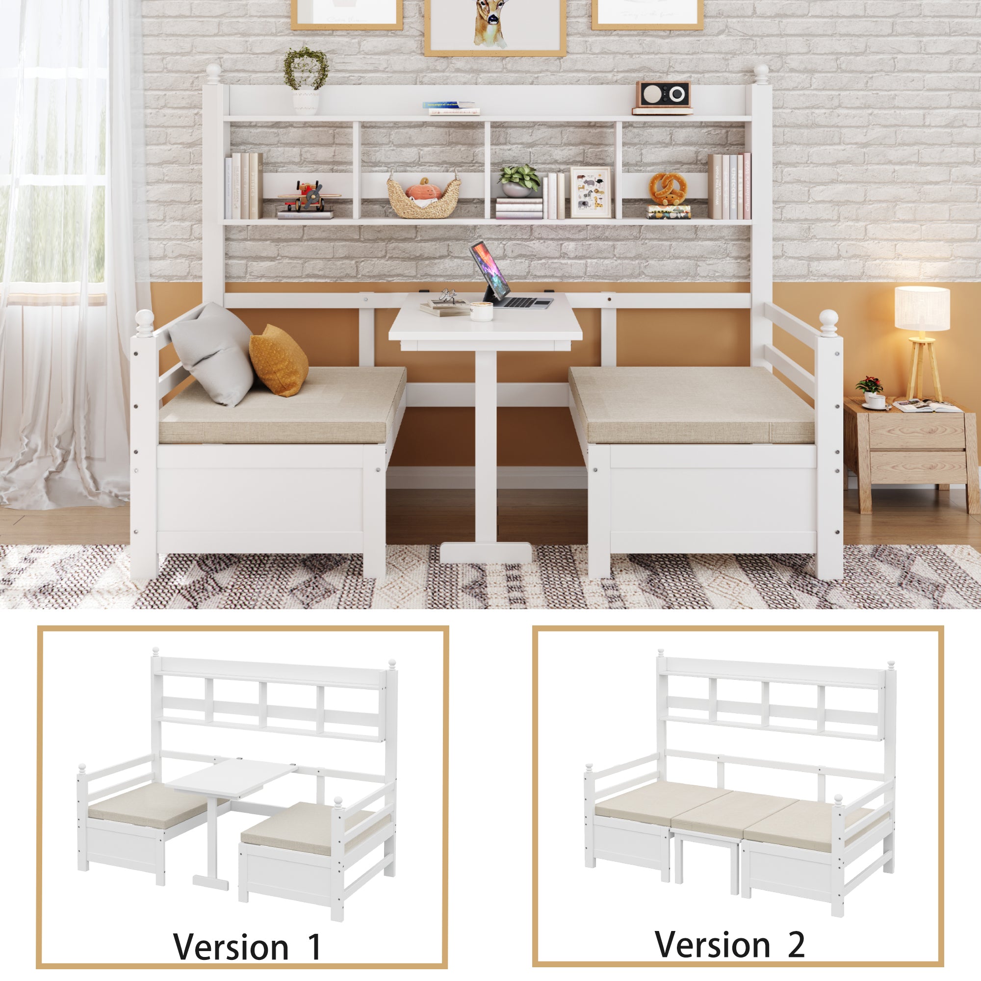 Sofa Bed, Multifunctional 2-in-1 Bed & Desk with Bookshelf & Pillows, Solid Wood White